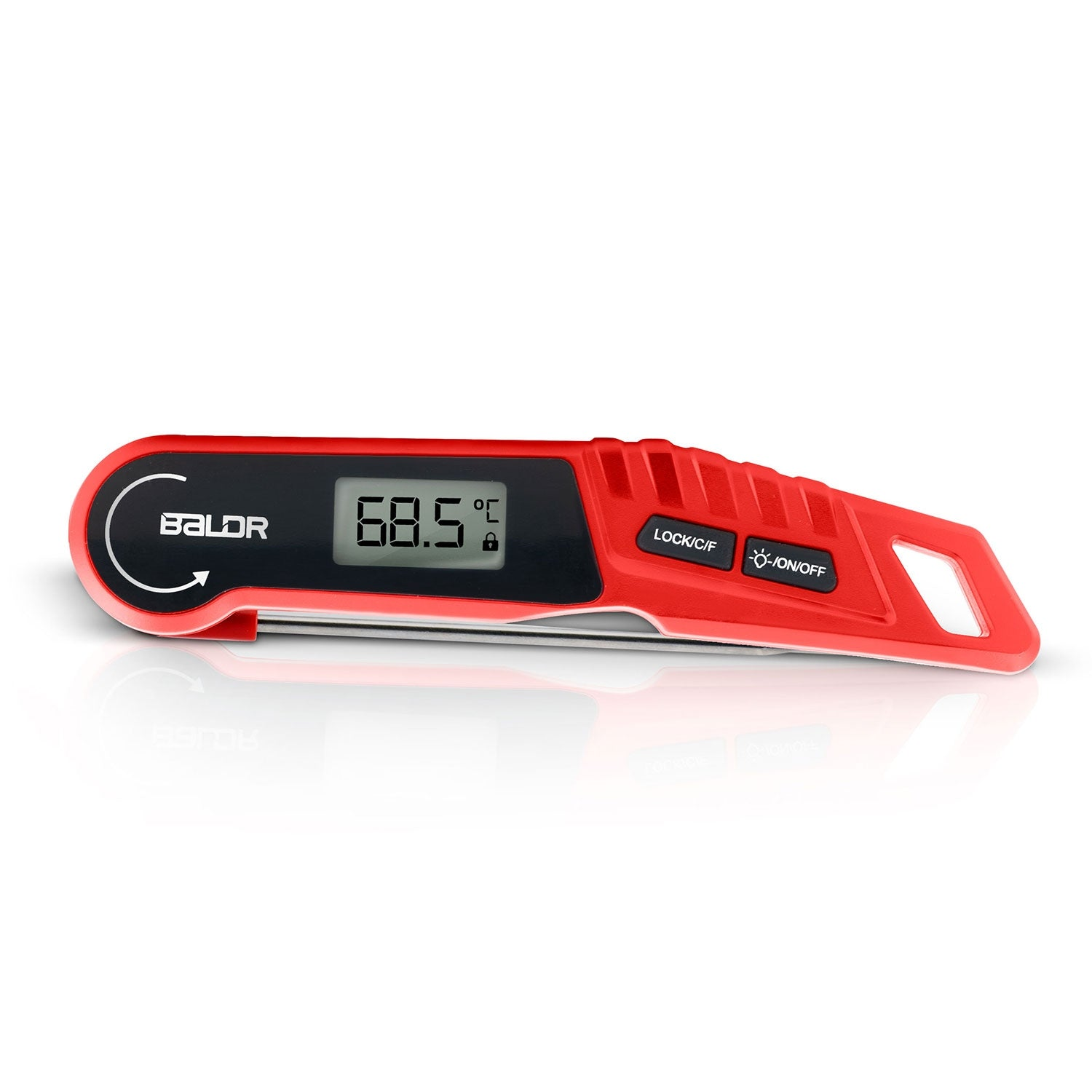 Un termómetro digital rojo con sonda metálica plegable.