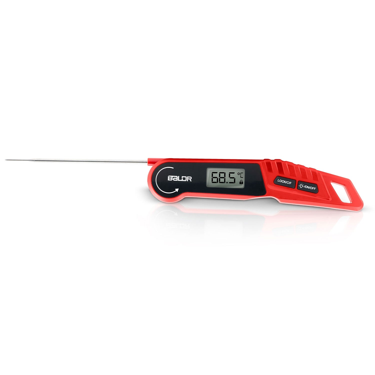 Un termómetro digital rojo con pantalla LCD que muestra 68,5°C.