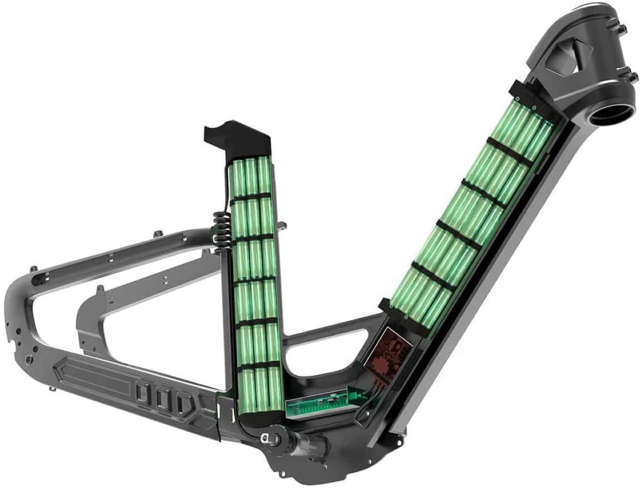 Cuadro de bicicleta con celdas de batería verdes expuestas y electrónica.