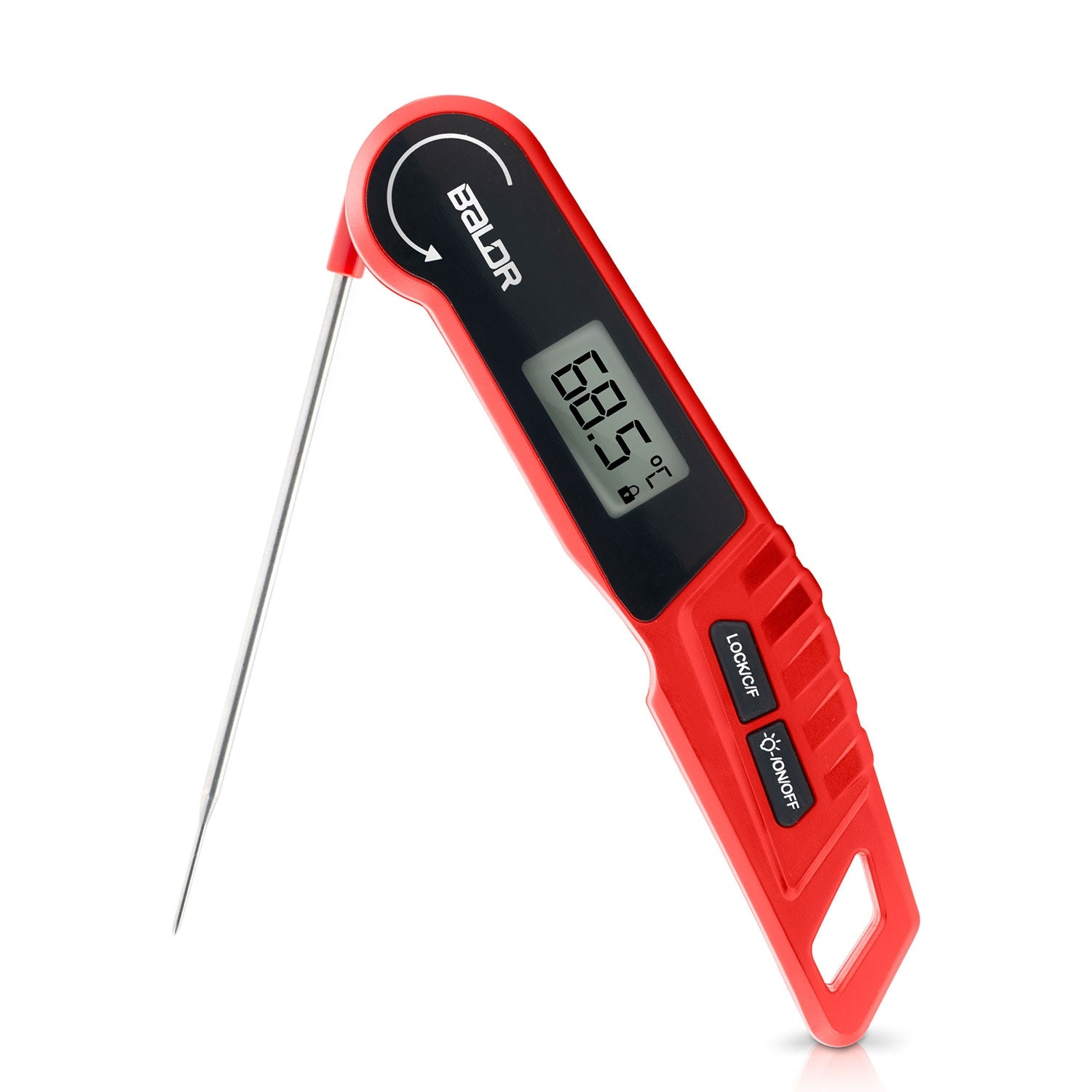 Un termómetro digital rojo para carne con sonda plegable de acero inoxidable.