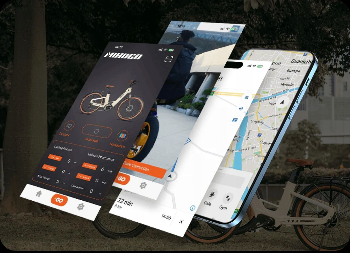 Varias pantallas de teléfono que muestran una app de e-bike, un mapa y un vídeo.