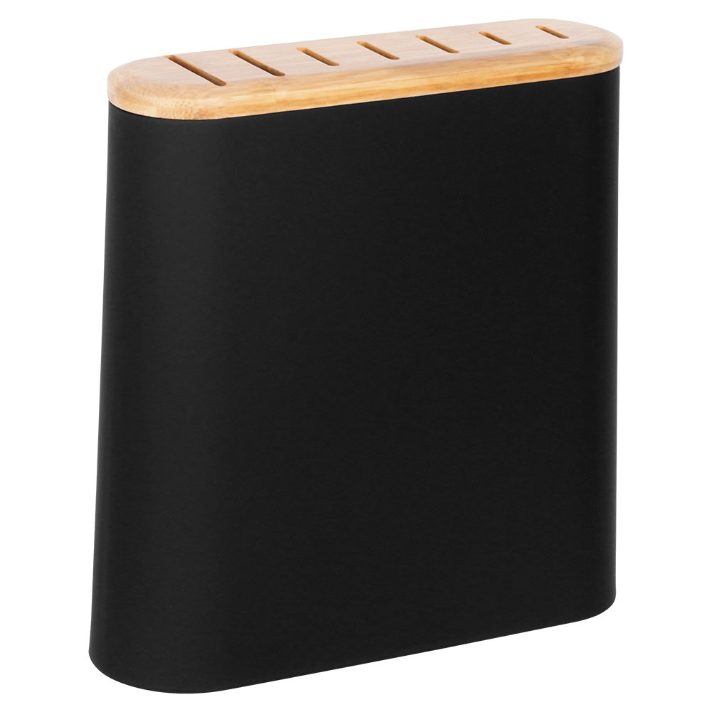Un bloque de cuchillos negro con tapa de madera y ranuras para cuchillos.
