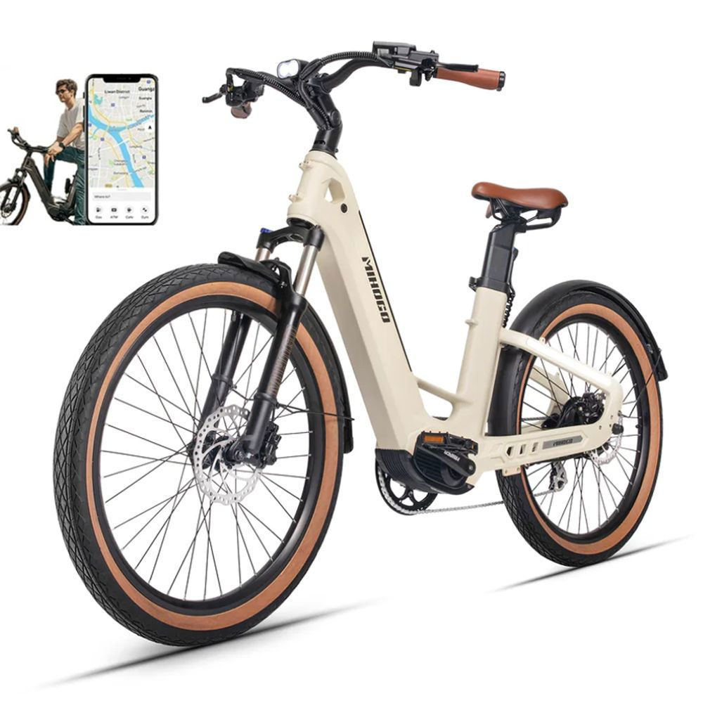 Bicicleta eléctrica beige con sillín y puños marrones, neumáticos negros.