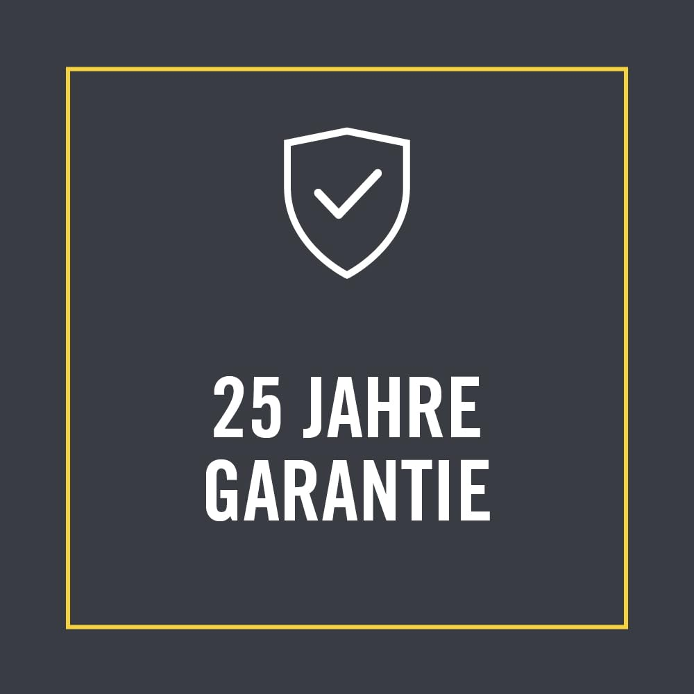 25 lat gwarancji z ikoną tarczy na ciemnym tle.