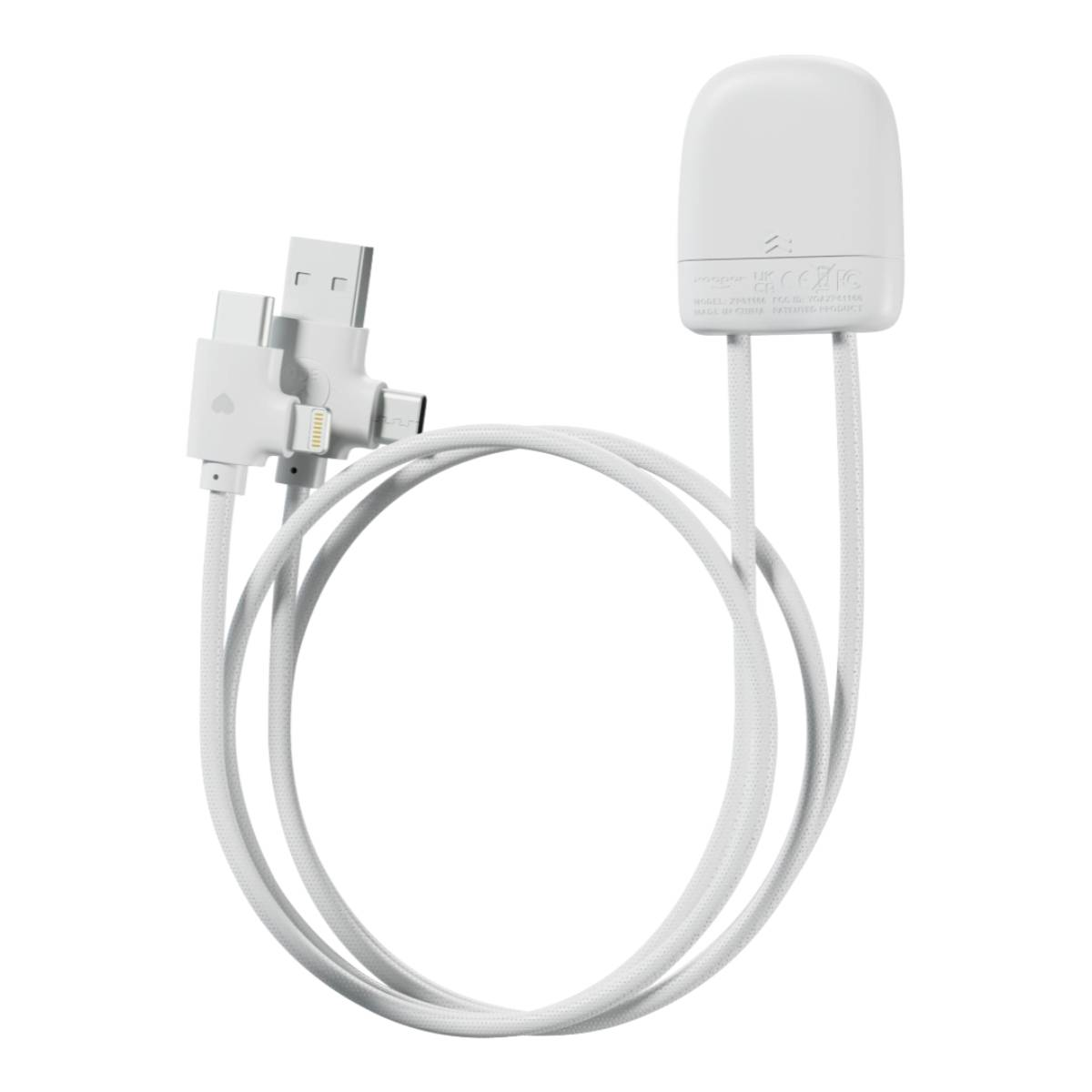 Ein weißes Ladekabel mit USB-C, Lightning und Micro-USB-Anschlüssen.
