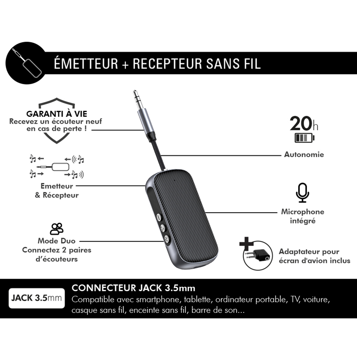 Trasmettitore/ricevitore wireless con jack 3,5 mm, 20h batteria, microfono.
