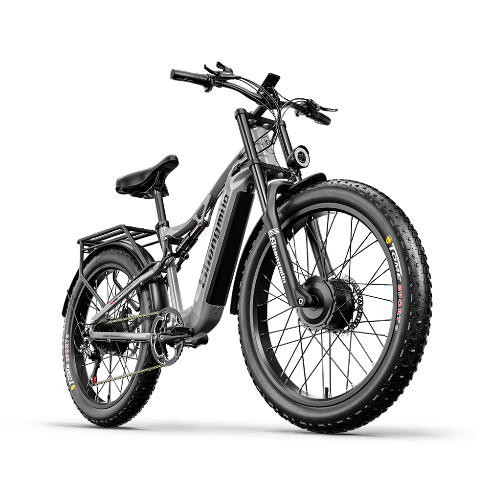 Graues E-Bike mit dicken Reifen, Gepäckträger und Vorderlampe.