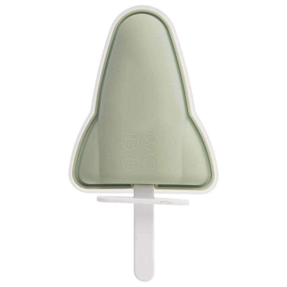 Un molde de paleta de helado verde claro con forma de cohete y borde blanco.