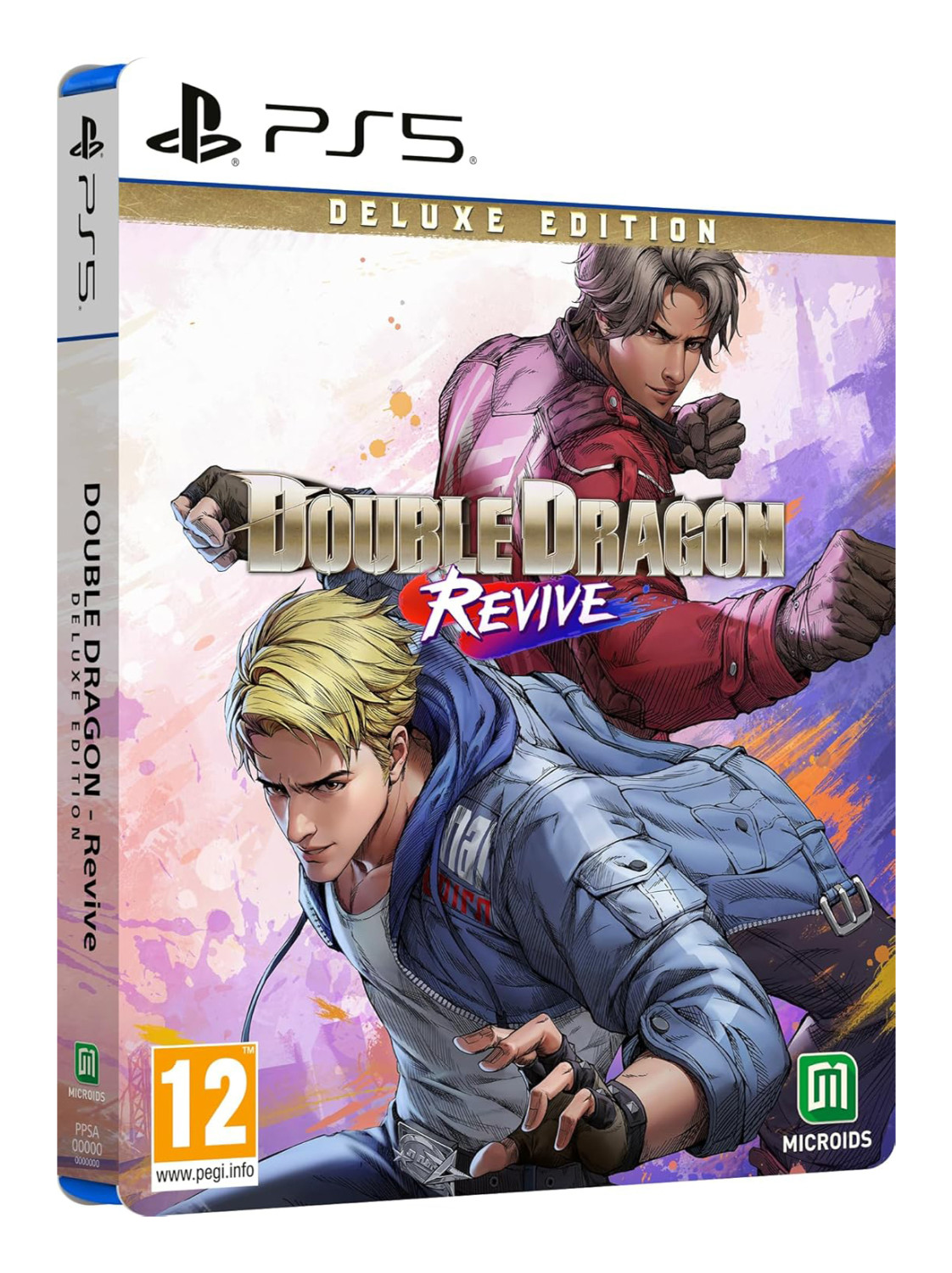 Okładka gry PS5: "Double Dragon Revive" Edycja Deluxe z dwoma mężczyznami i logo PEGI 12.