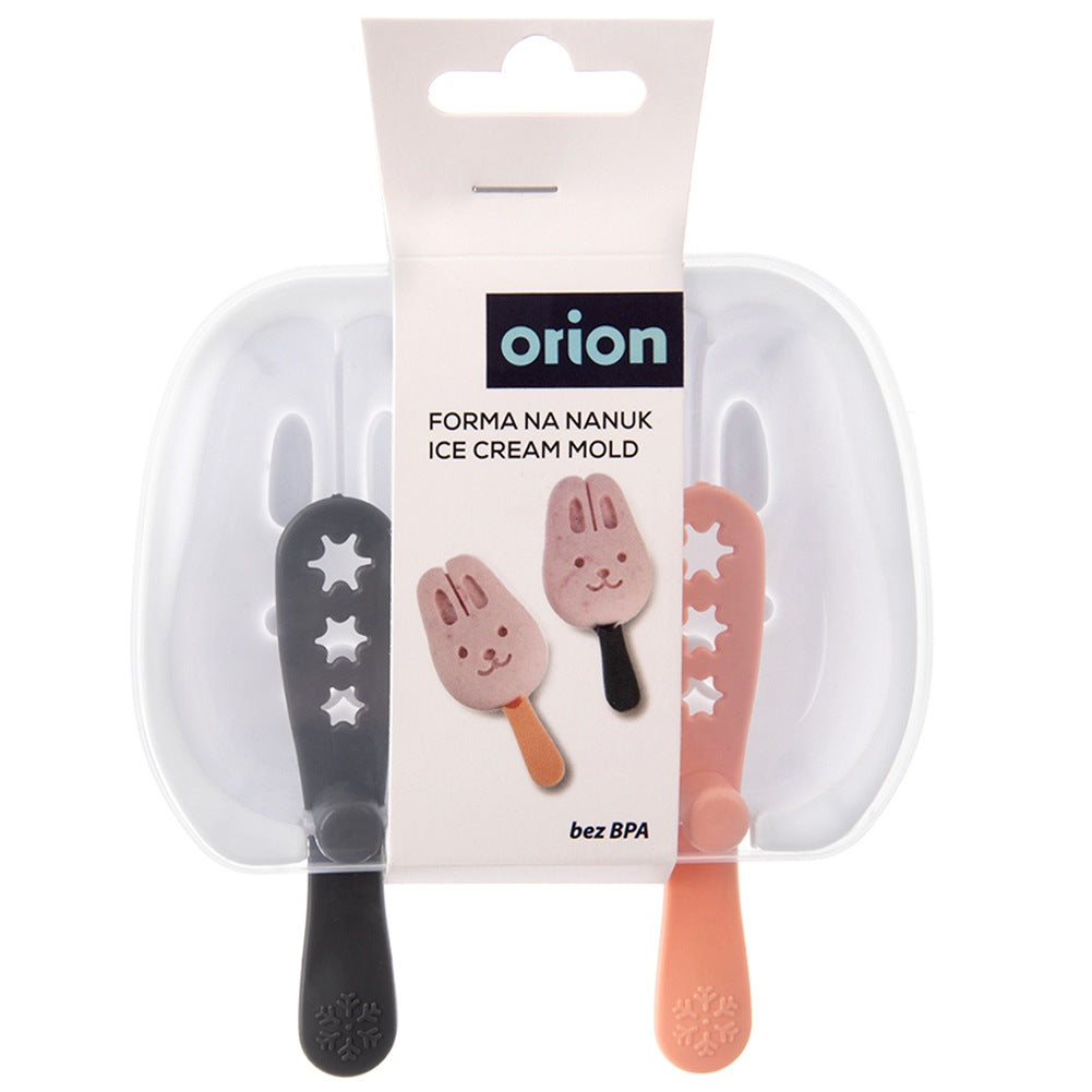 Molde de helado con formas de conejo y estrellas, en gris y rosa.