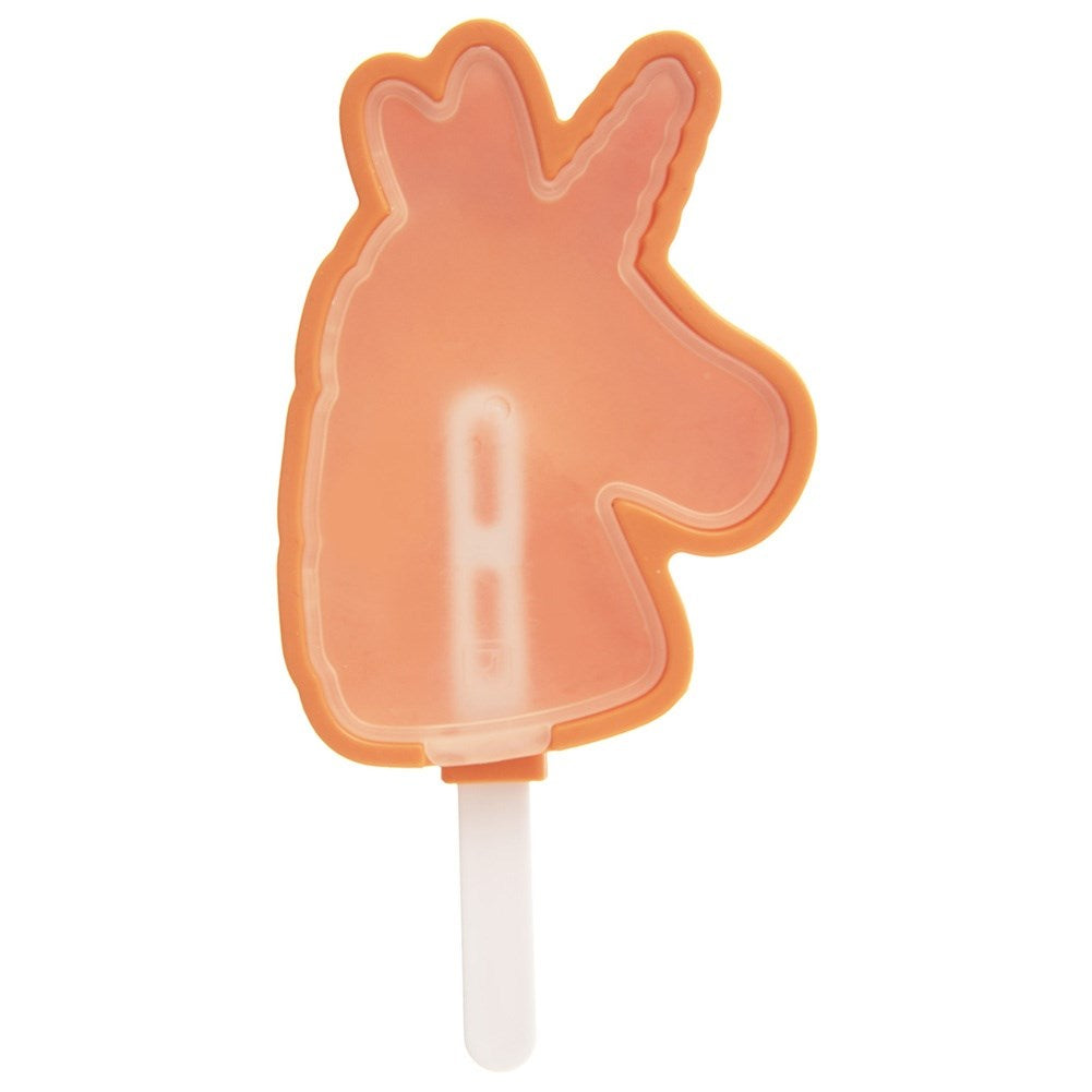 Molde naranja para paleta de unicornio con mango blanco sobre fondo blanco.