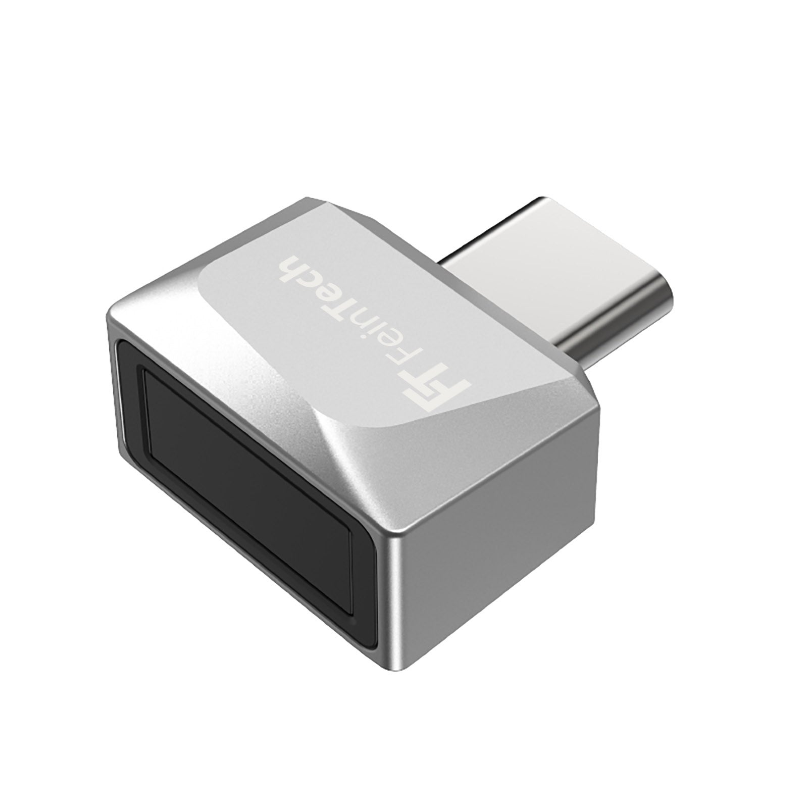 Adattatore USB-C argento con estremità nera e logo 'FT FeinTech'.