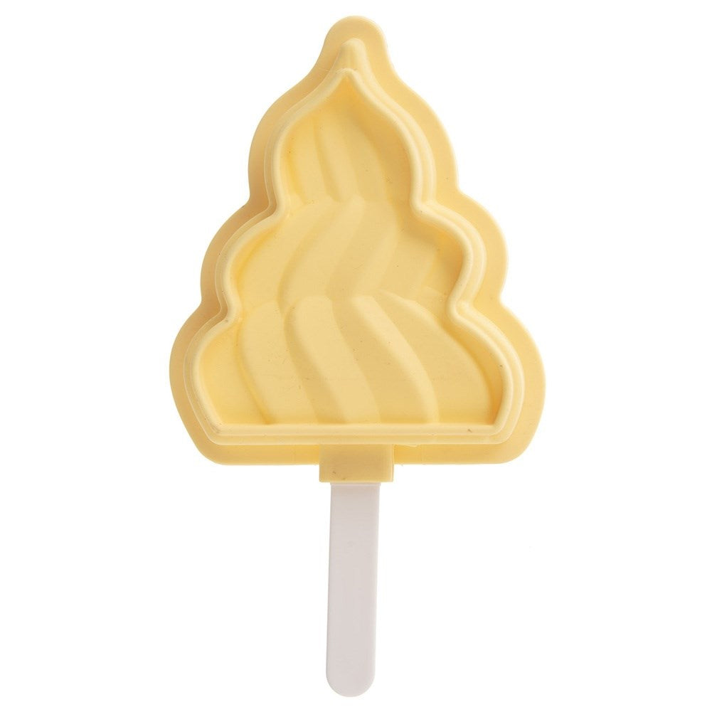 Un molde de helado amarillo sobre un palo blanco, aislado sobre fondo blanco.