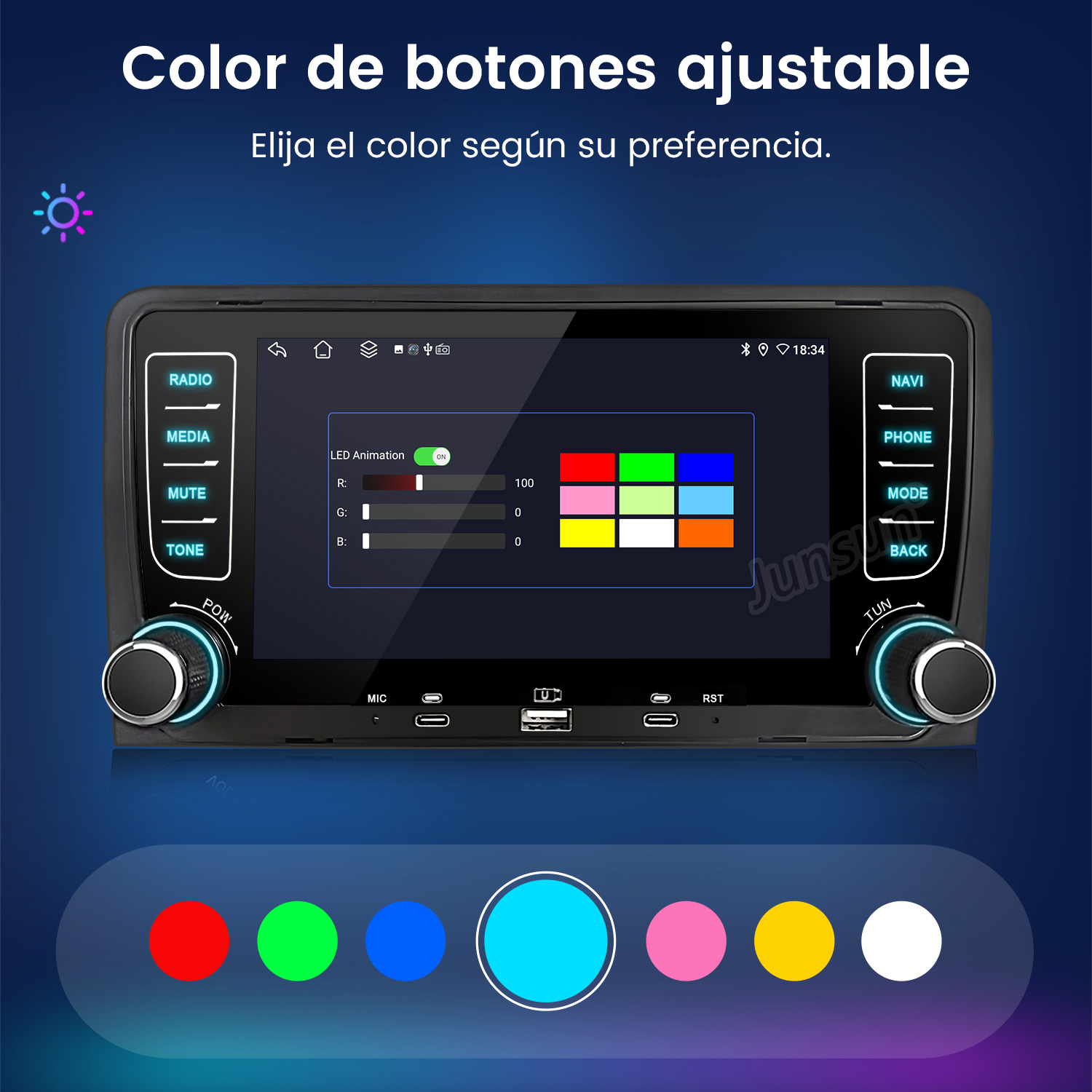 Pantalla de autorradio mostrando selección de color de botones y animación LED RGB.