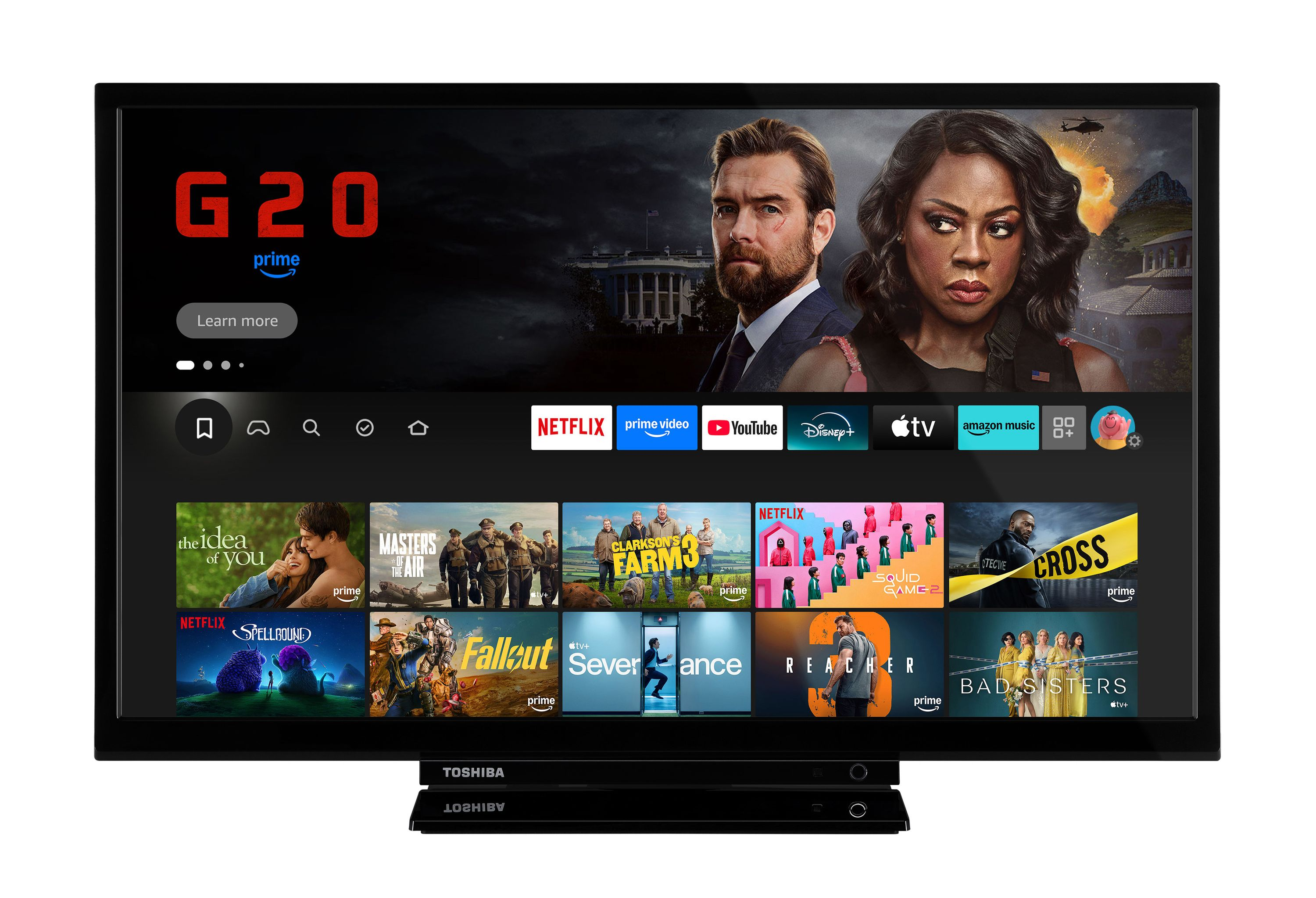 Toshiba Fernseher zeigt Streaming-Apps wie Netflix, Prime Video, YouTube, Disney+.