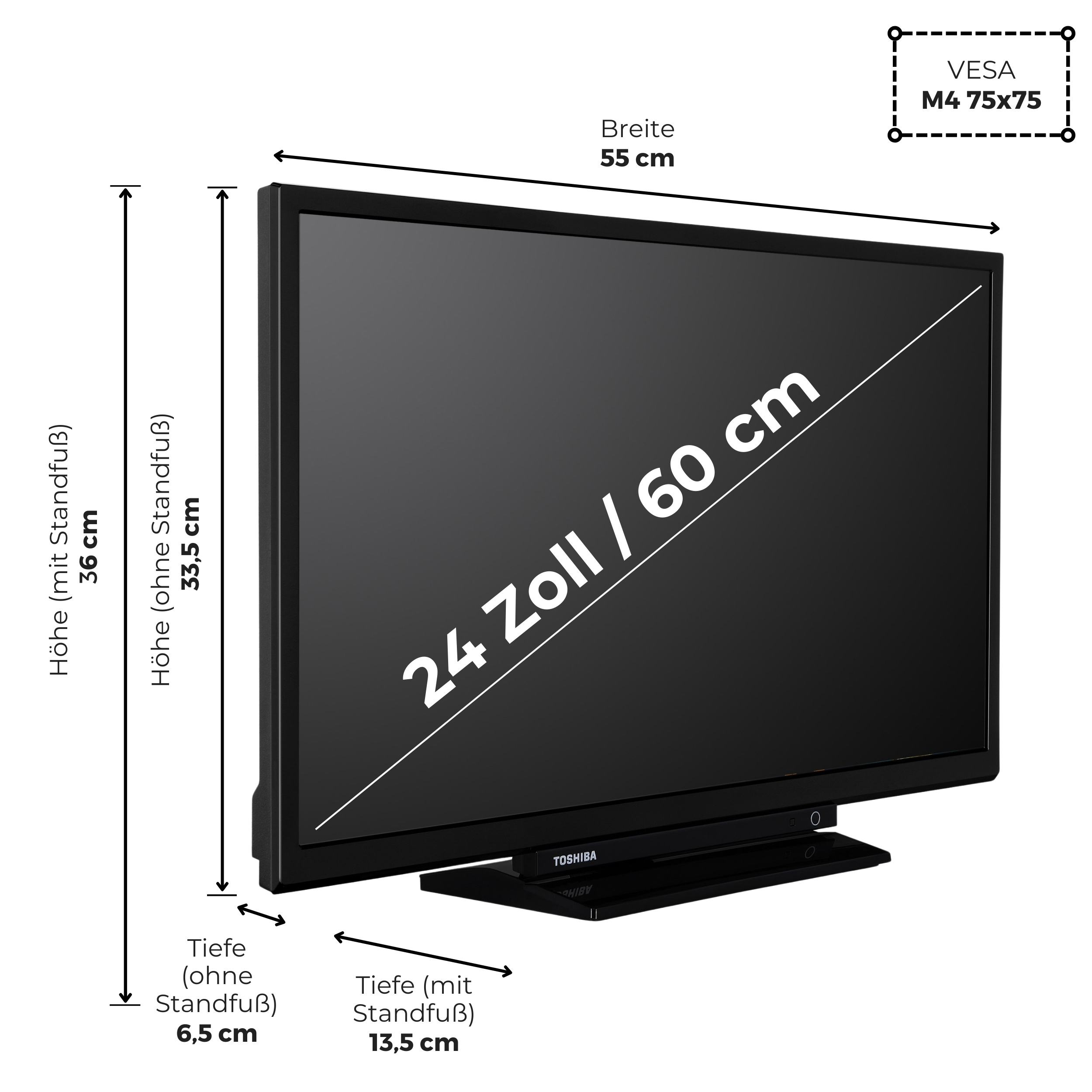 Ein schwarzer 24-Zoll-Toshiba-Fernseher mit VESA 75x75 Maßen.