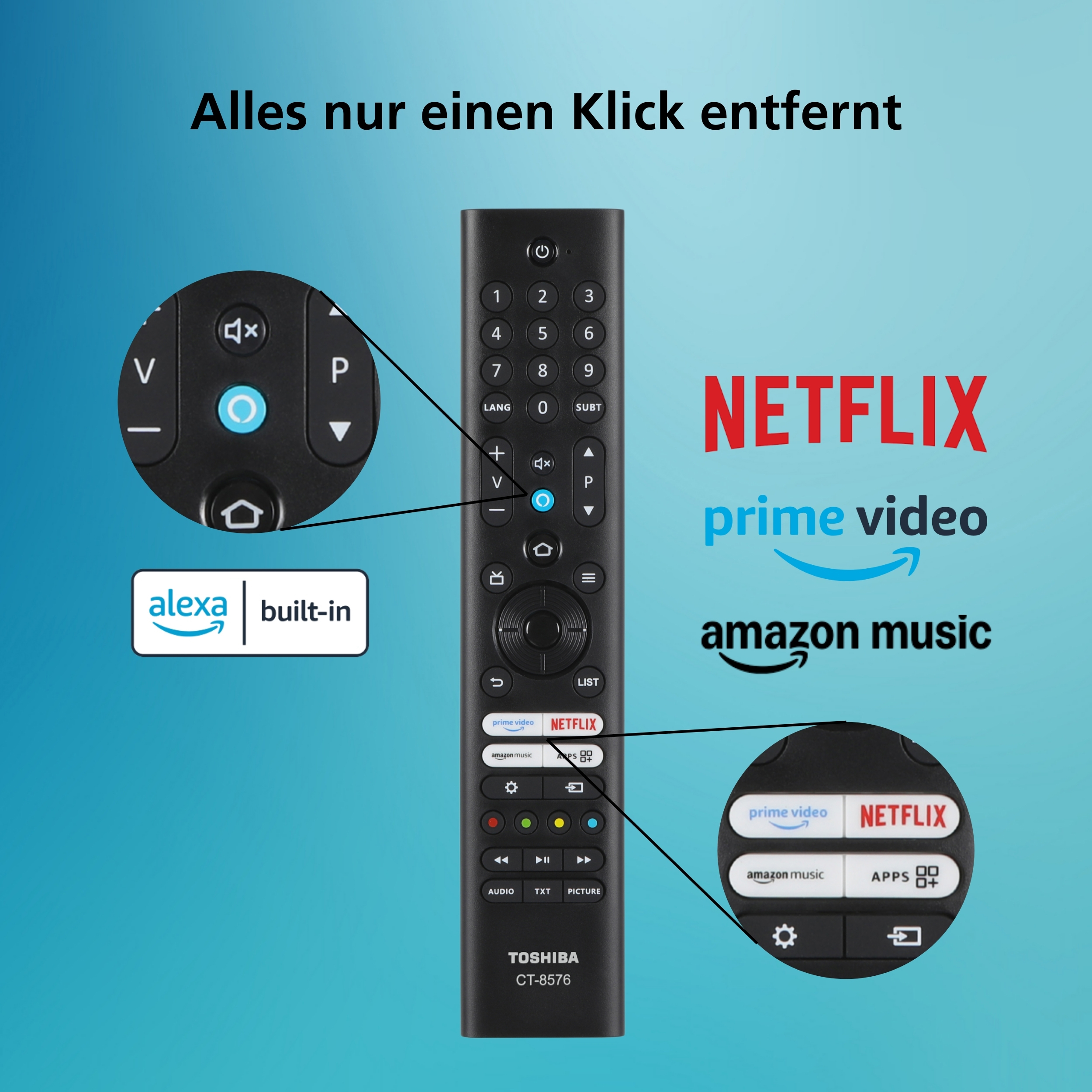 Ein schwarzer Toshiba Fernbedienung mit Tasten für Netflix, Prime Video und Amazon Music.