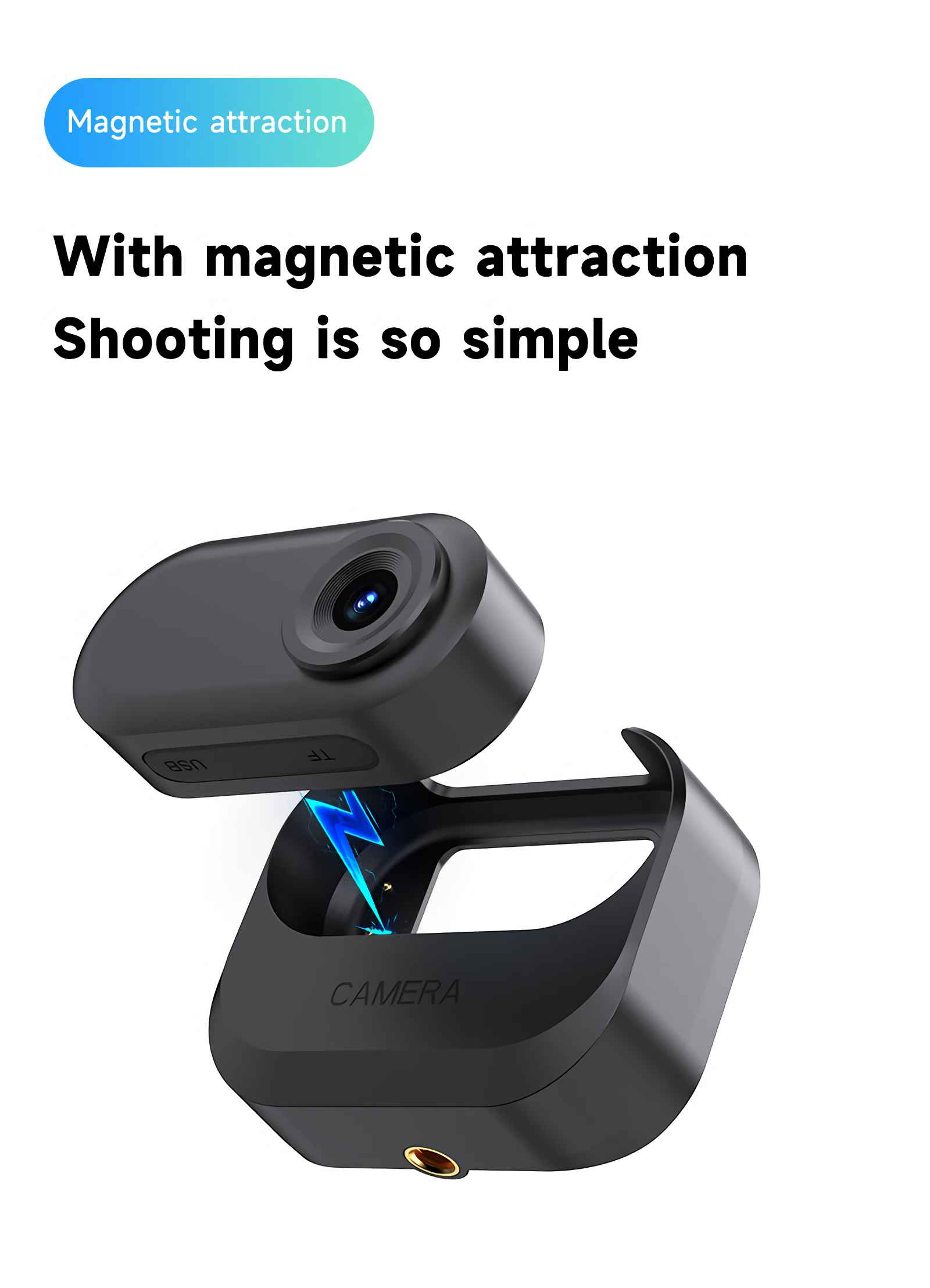 Kamera mit magnetischer Halterung, USB- und TF-Anschlüsse.