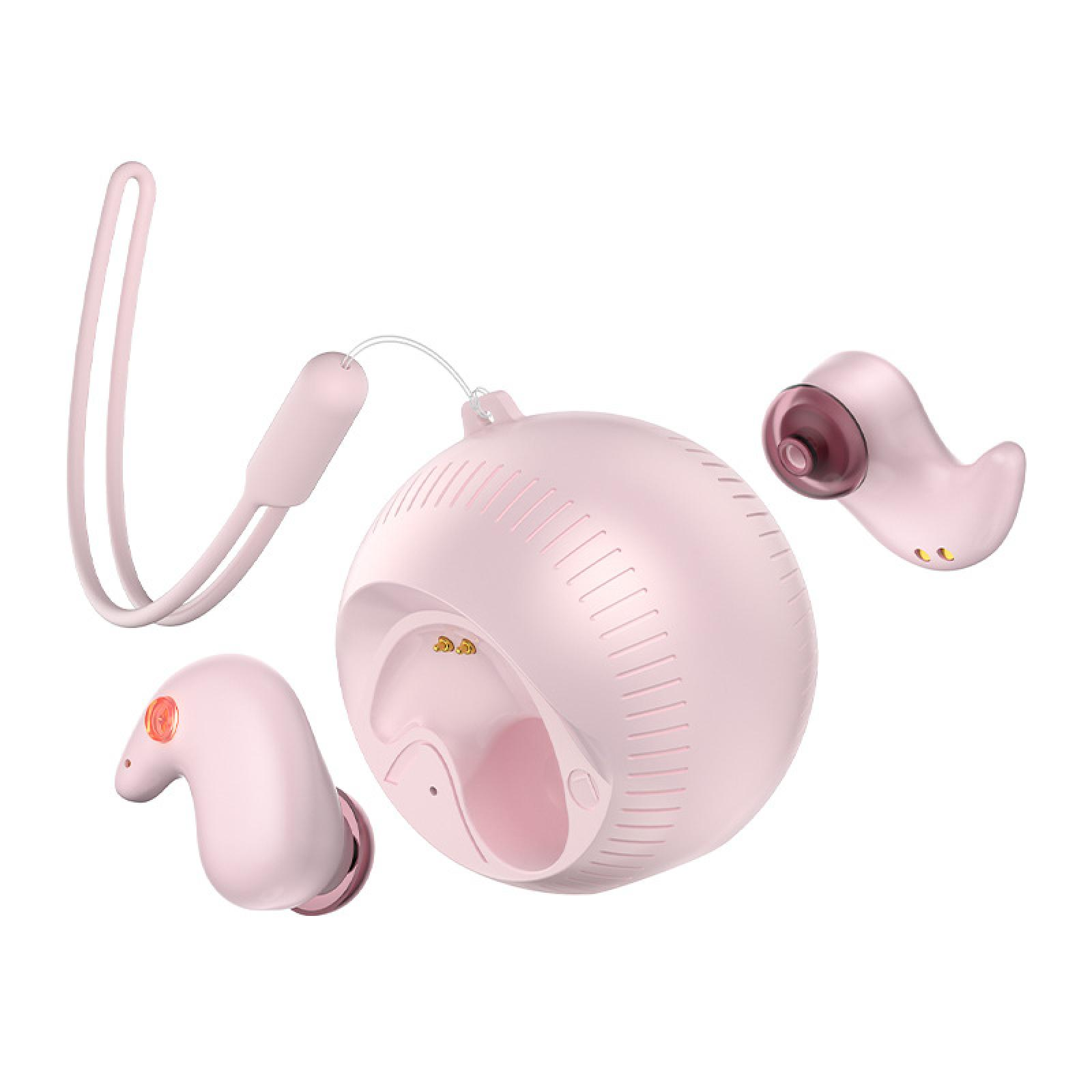 Ein rosa Ladebehälter mit zwei Ohrhörern.