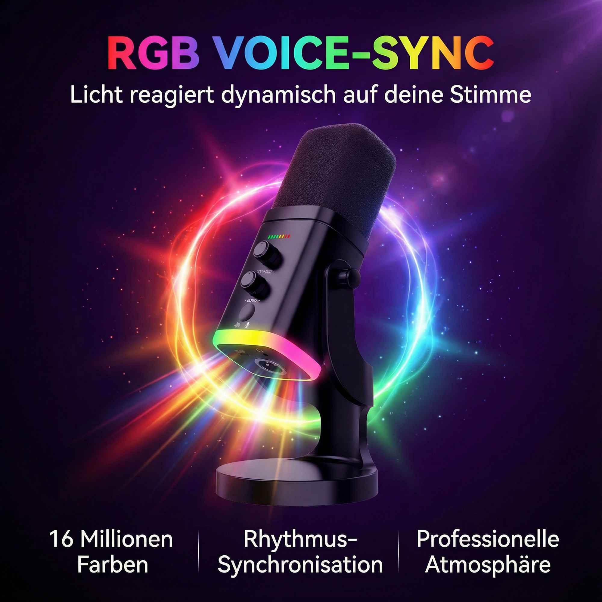 Schwarzes Mikrofon mit bunten Lichtern. RGB VOICE-SYNC.
