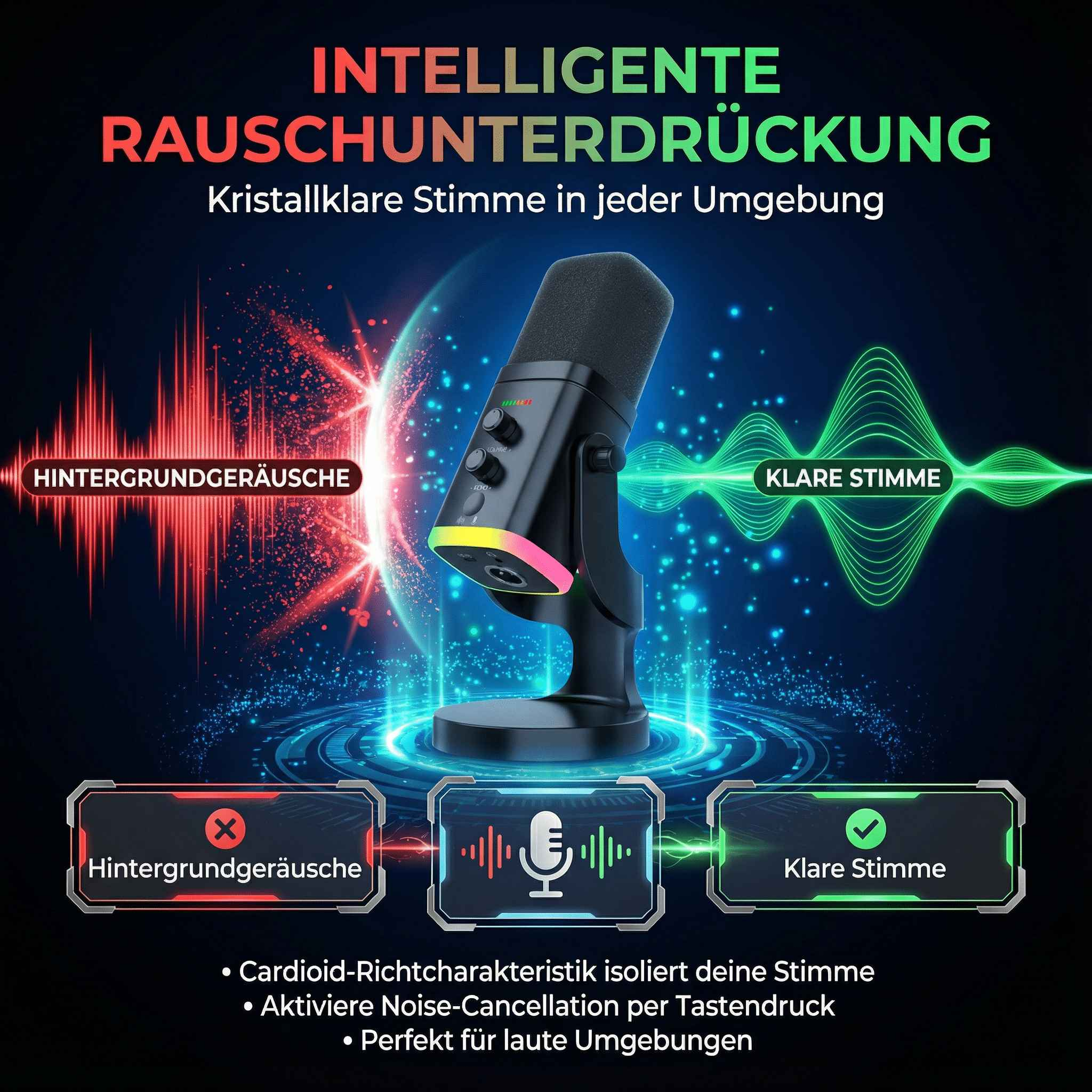 Mikrofon mit Anzeige für Rauschunterdrückung und klare Stimme.