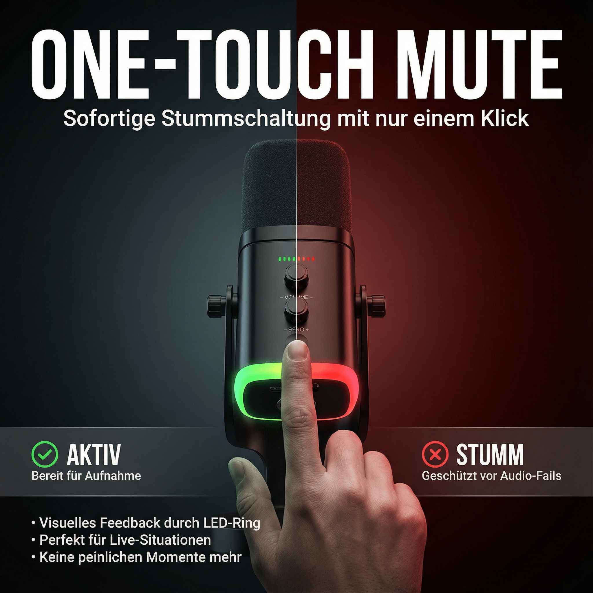Ein Finger drückt auf einen Mikrofonknopf. Ein LED-Ring leuchtet grün oder rot.