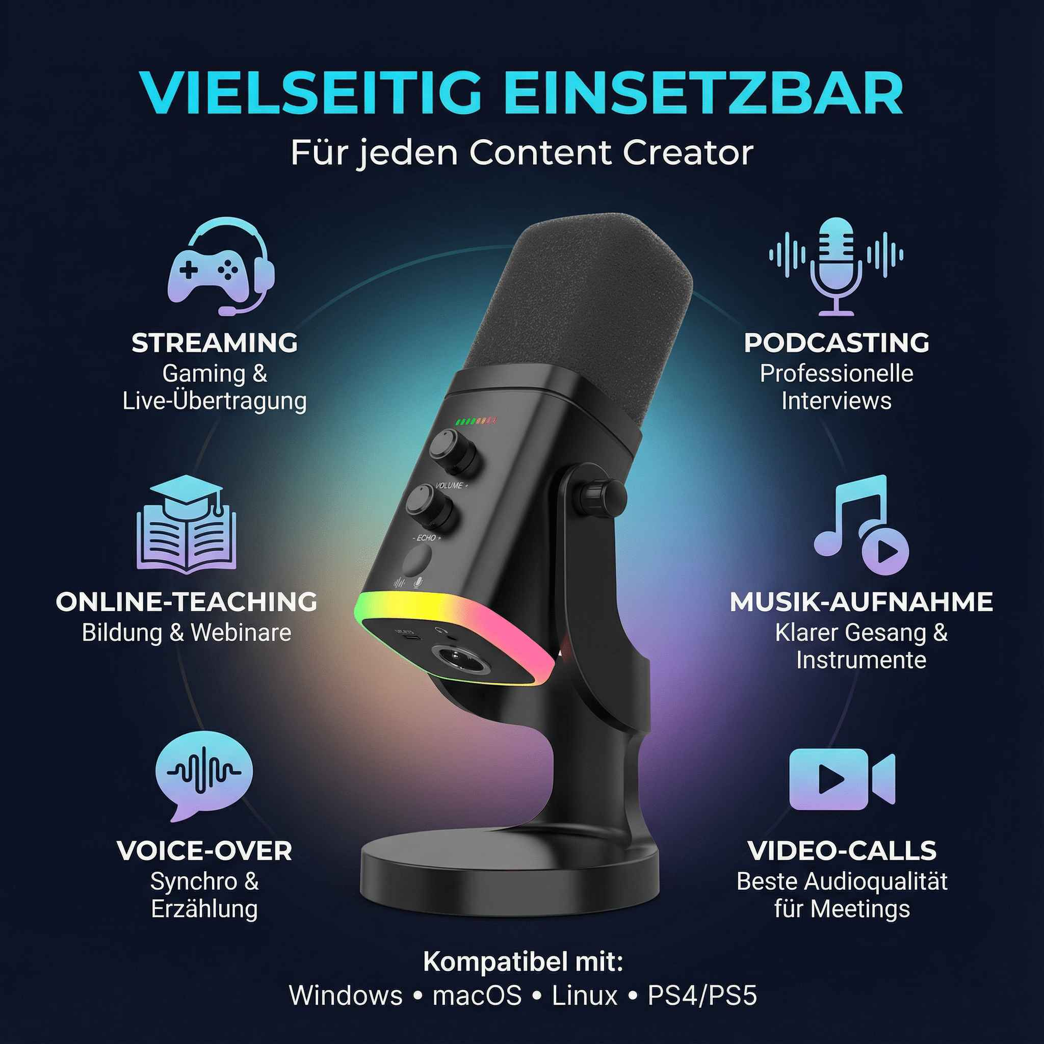Mikrofon mit Symbolen für Streaming, Podcasting, Online-Unterricht, Musik, Voice-Over, Video-Anrufe.