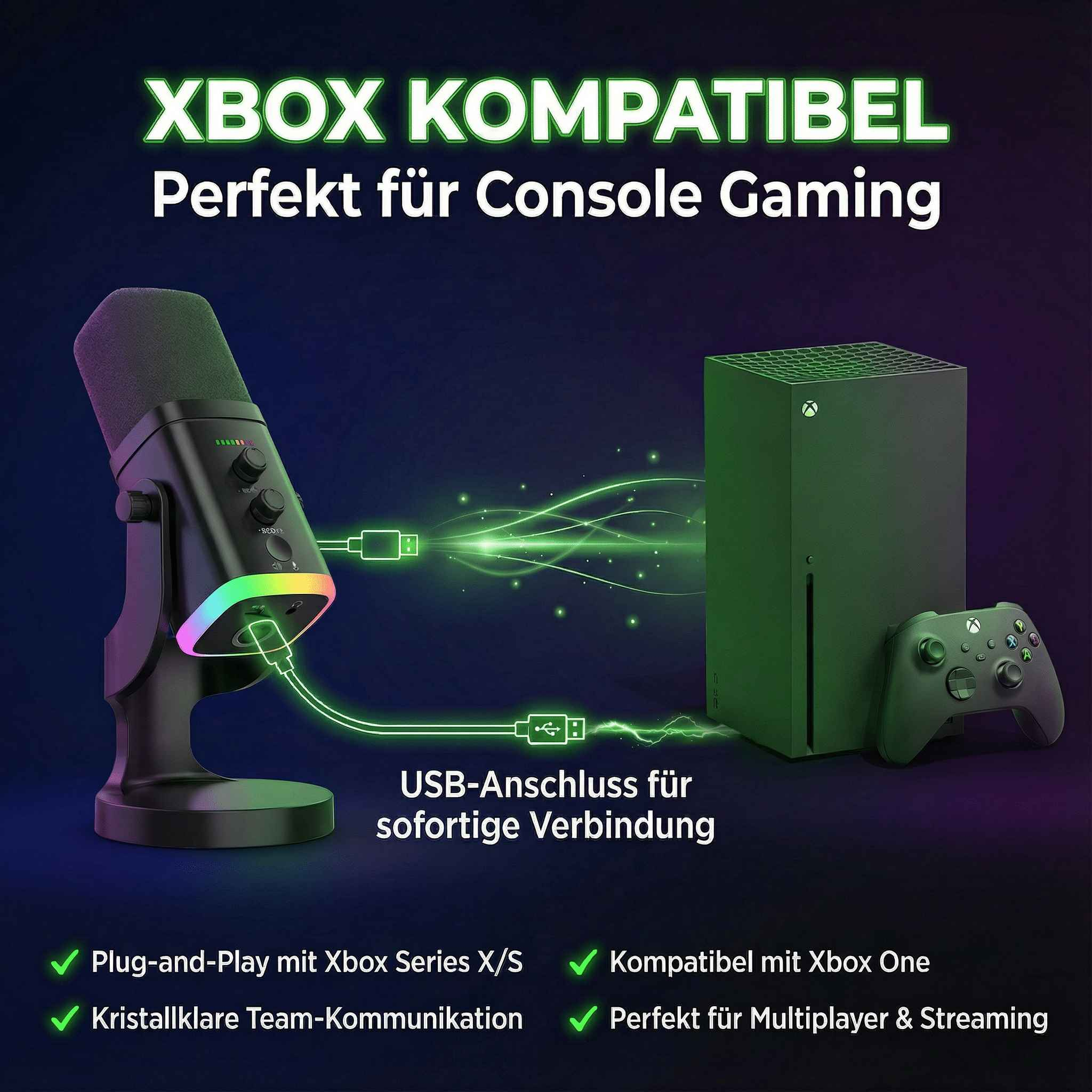 Xbox Series X/S mit Mikrofon, Controller und Text.