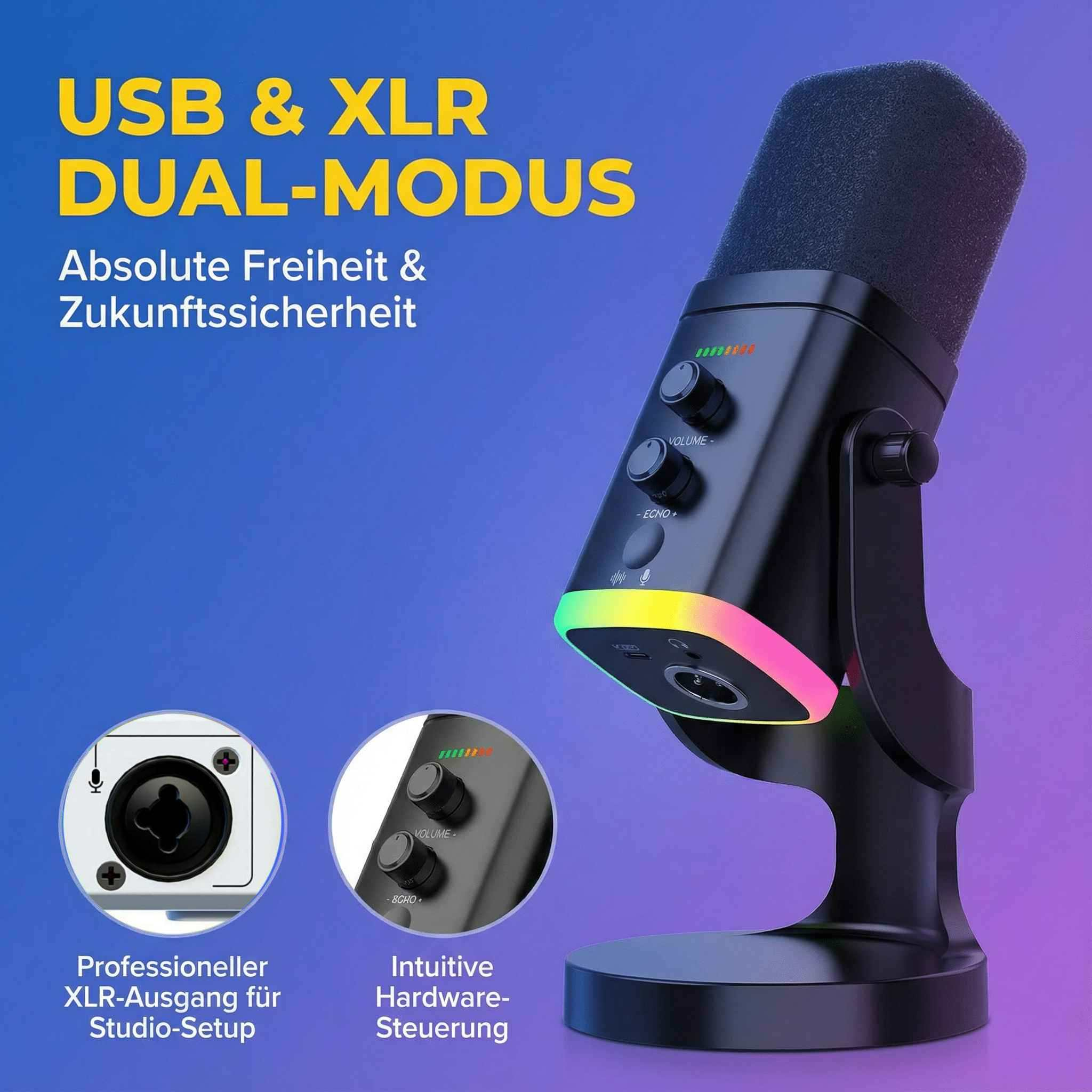 Ein schwarzes Mikrofon mit RGB-Beleuchtung, XLR-Anschluss und Bedienelementen.