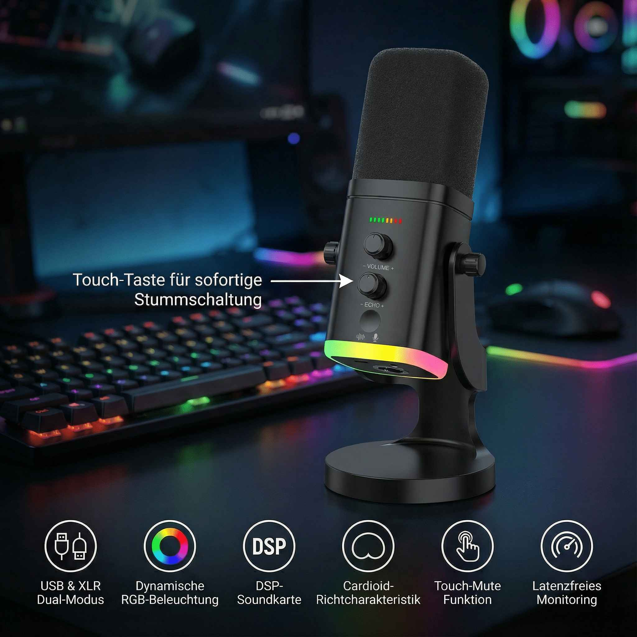 Ein schwarzes Mikrofon mit RGB-Beleuchtung steht neben einer Tastatur. Icons zeigen Funktionen.
