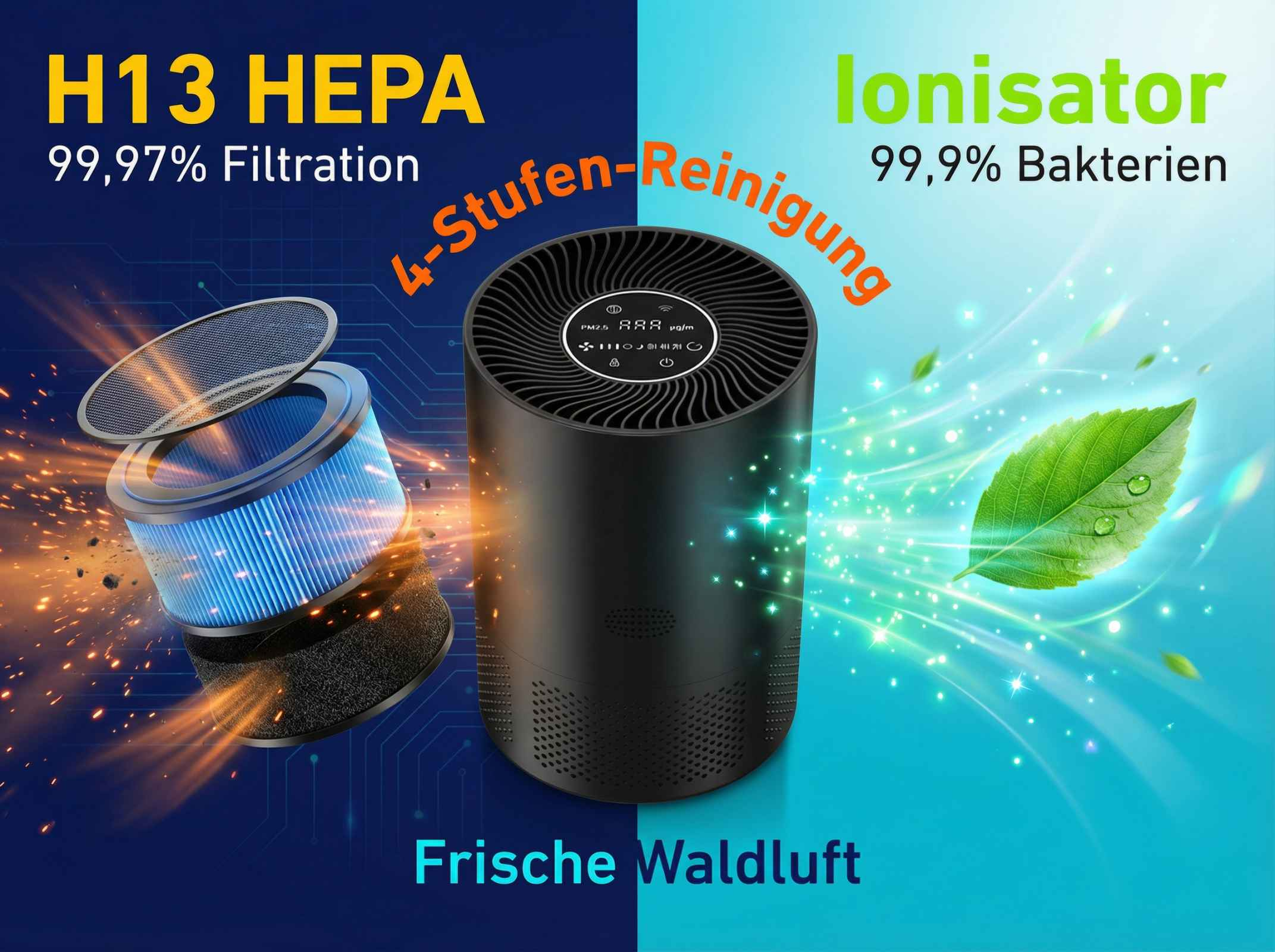 Luftreiniger mit HEPA-Filter, Ionisator und 4-Stufen-Reinigung.