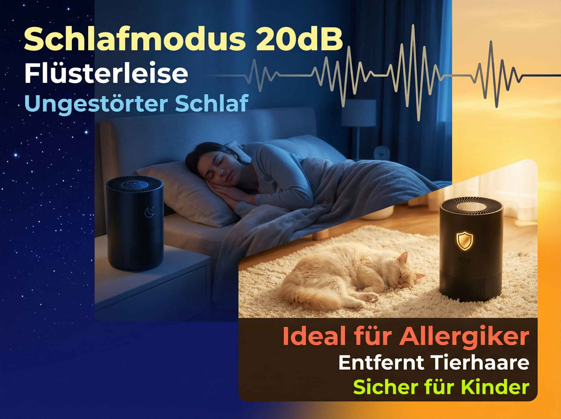 Luftreiniger neben schlafender Frau und Katze, mit Text über Schlafmodus und Allergiker.