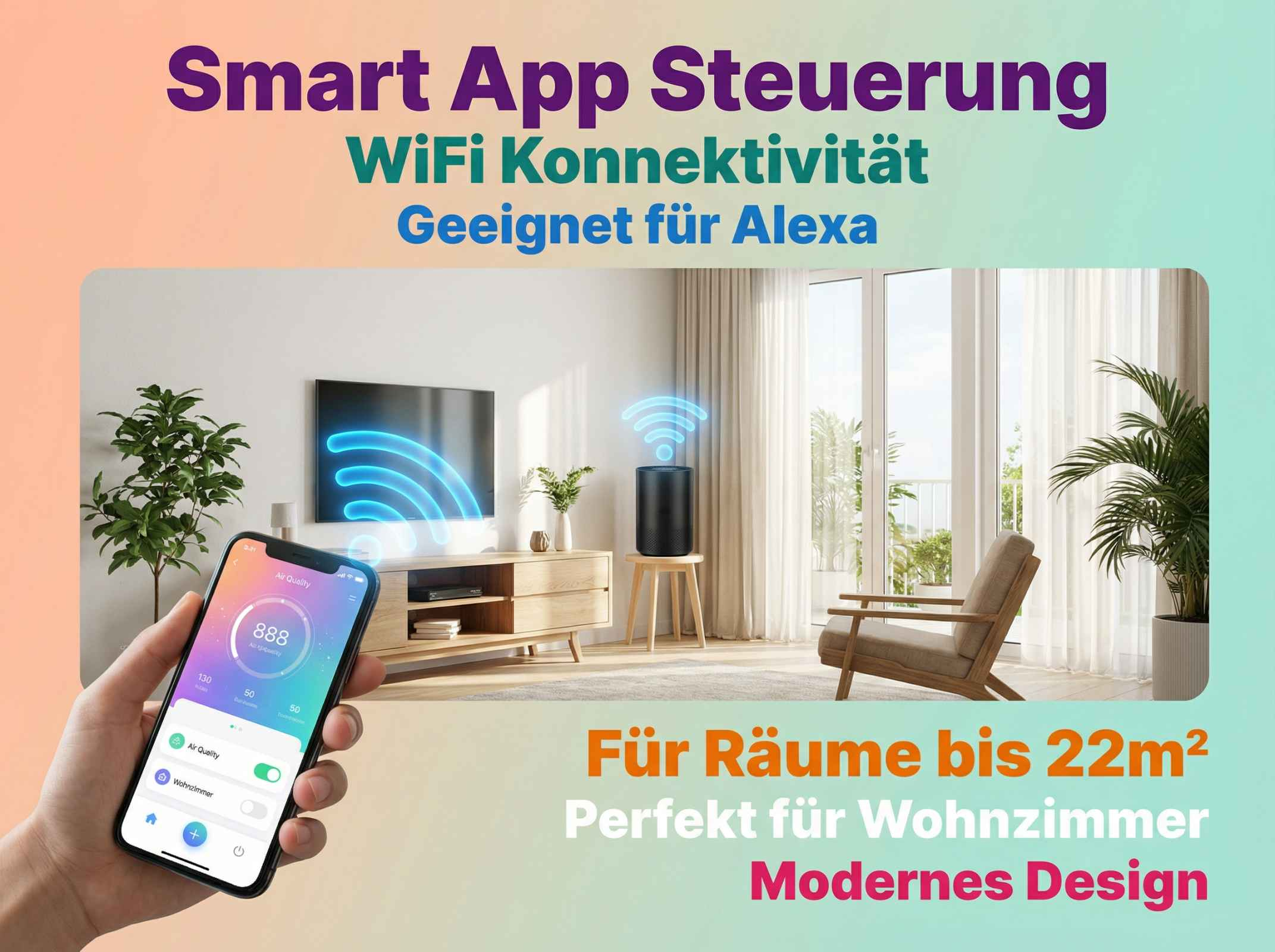 Ein Smartphone zeigt Luftqualität an neben einem Luftreiniger im Wohnzimmer.