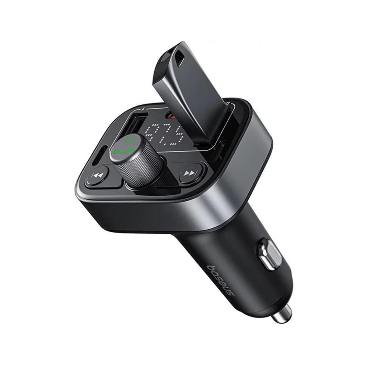 Caricabatterie per auto nero con porta USB, manopola rotante e display digitale (97.5).