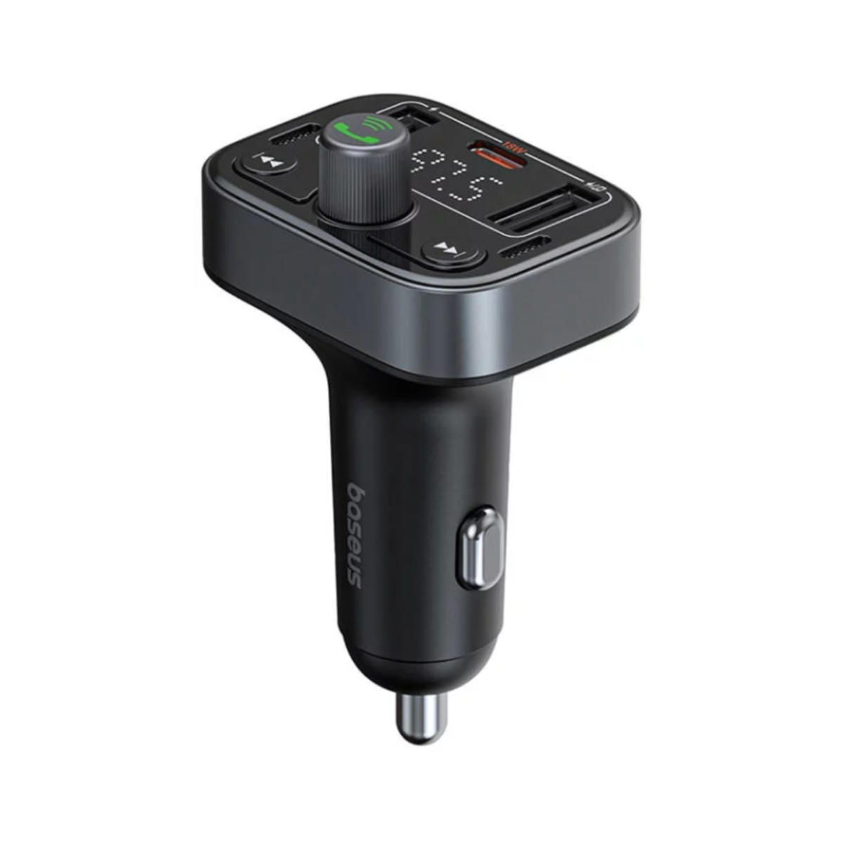 Caricabatterie auto nero con manopola volume, tasto chiamata, porte USB e display LED 97.5.