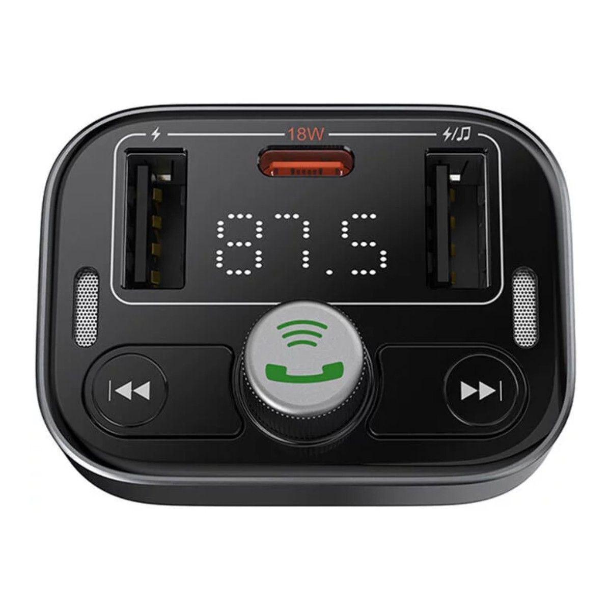 Caricatore auto nero con due porte USB, display digitale e pulsanti di controllo.