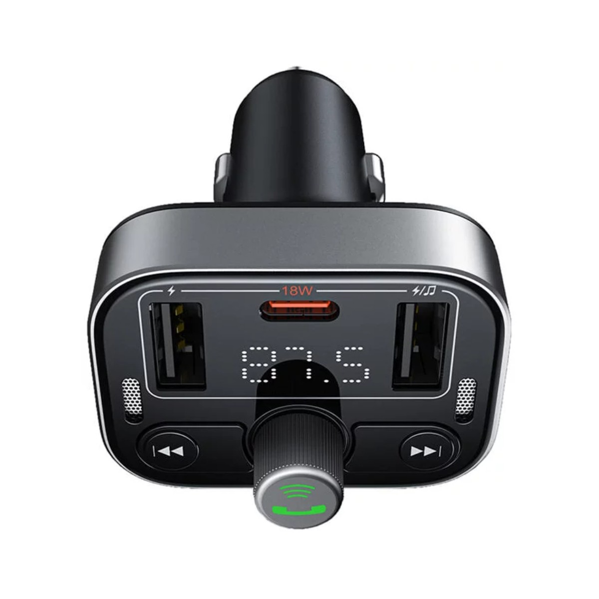 Caricabatterie per auto nero con due porte USB, porta PD da 18W e display LED.
