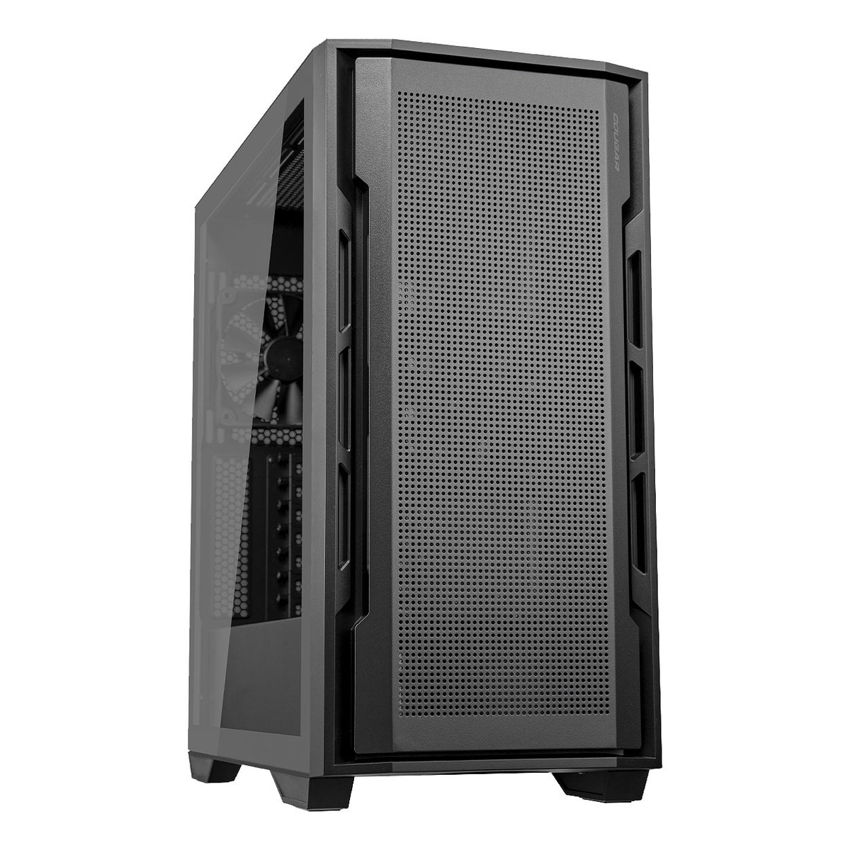 Un case per PC nero con pannello laterale in vetro e frontale traforato.