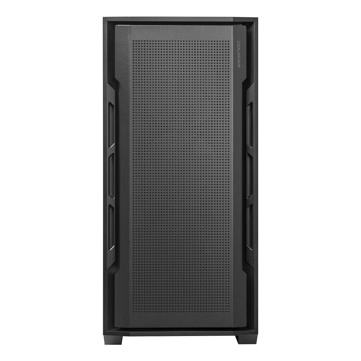 Case per computer nero con pannello frontale perforato e prese d'aria laterali.