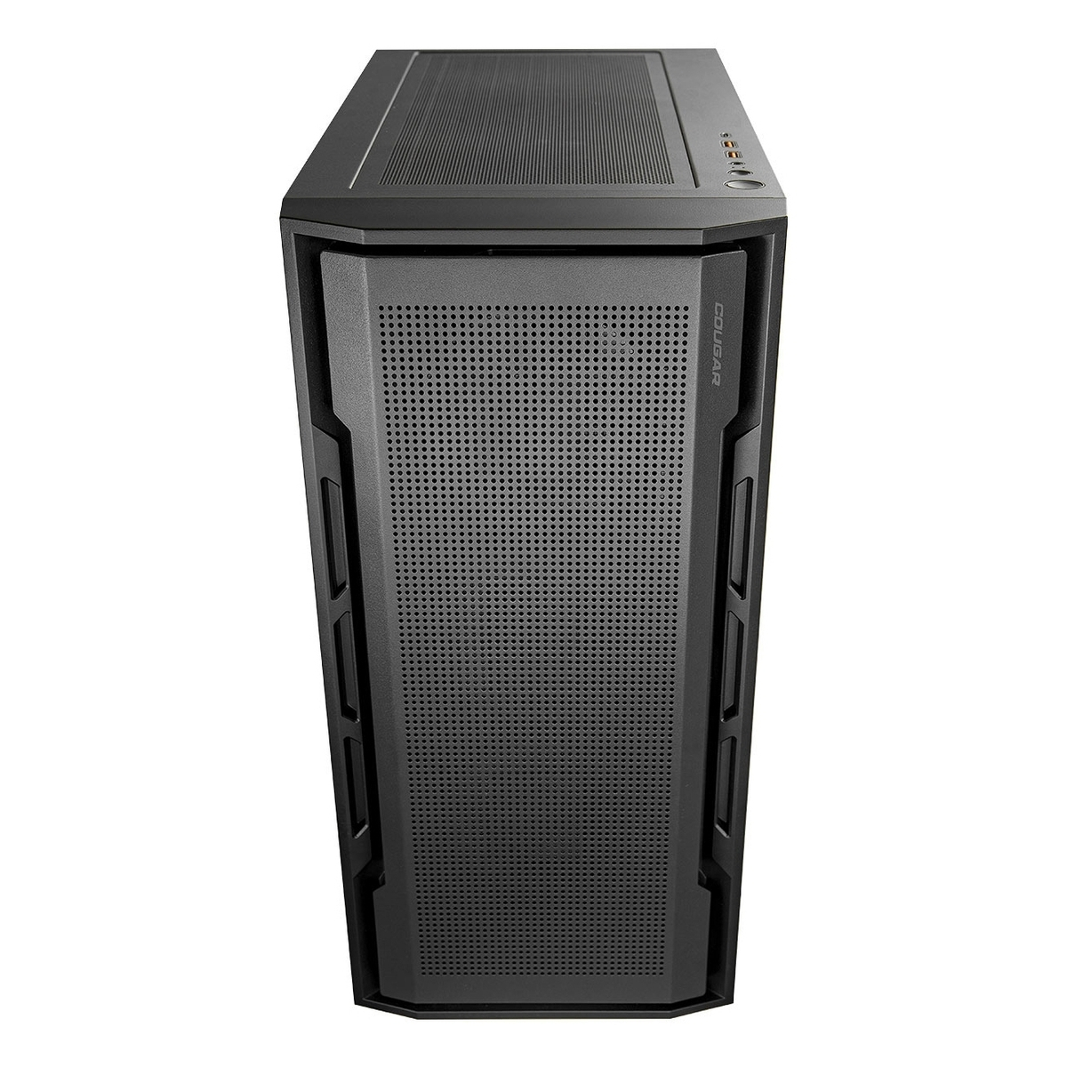 Case per computer tower nero con pannello frontale e superiore forato.