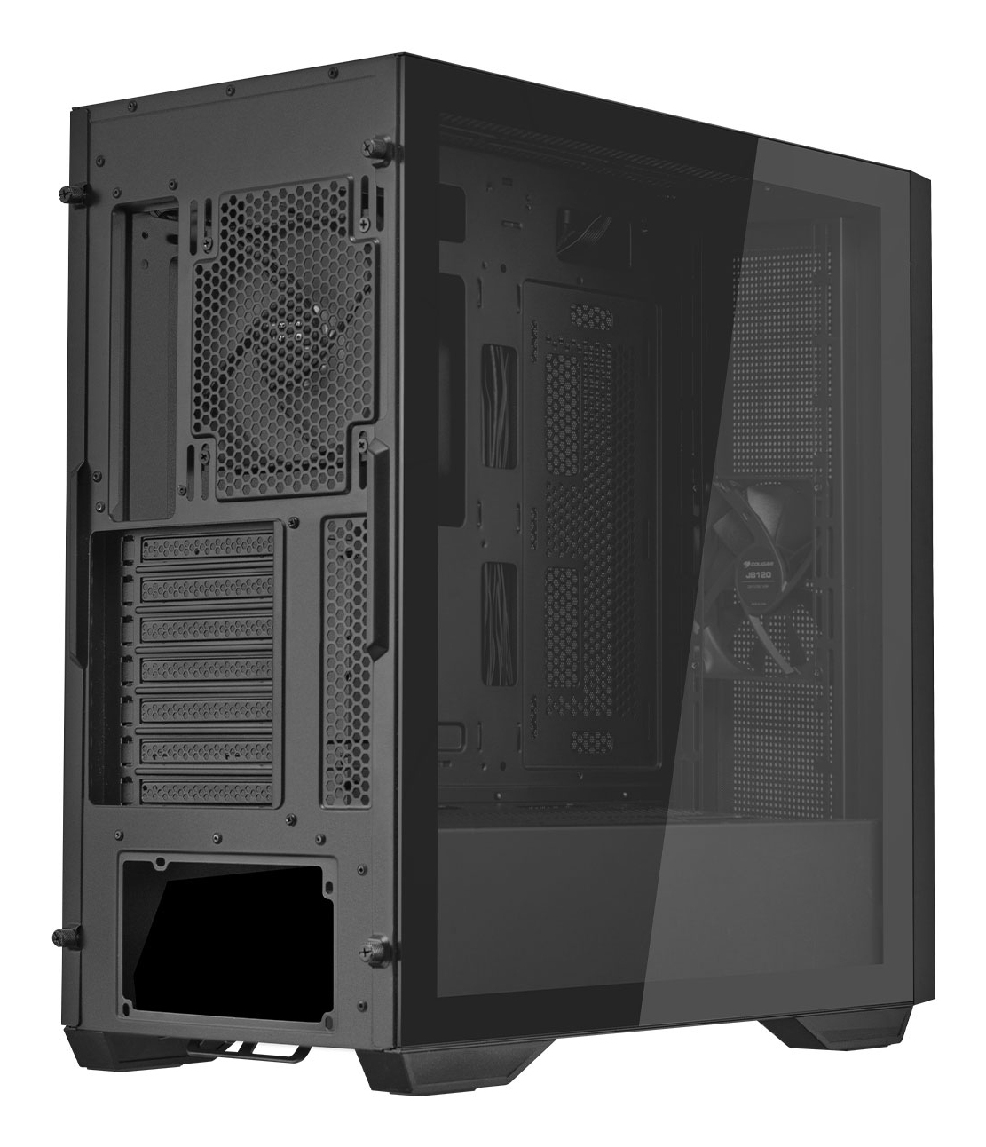 Case del computer nero con finestra in vetro e vista ventola posteriore.