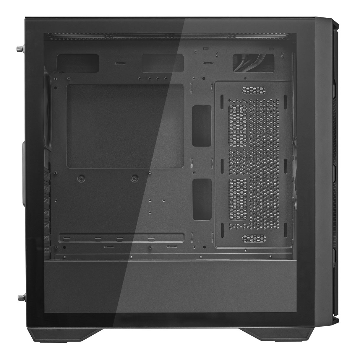 Case PC nero con finestra in vetro, vuoto e organizzato.