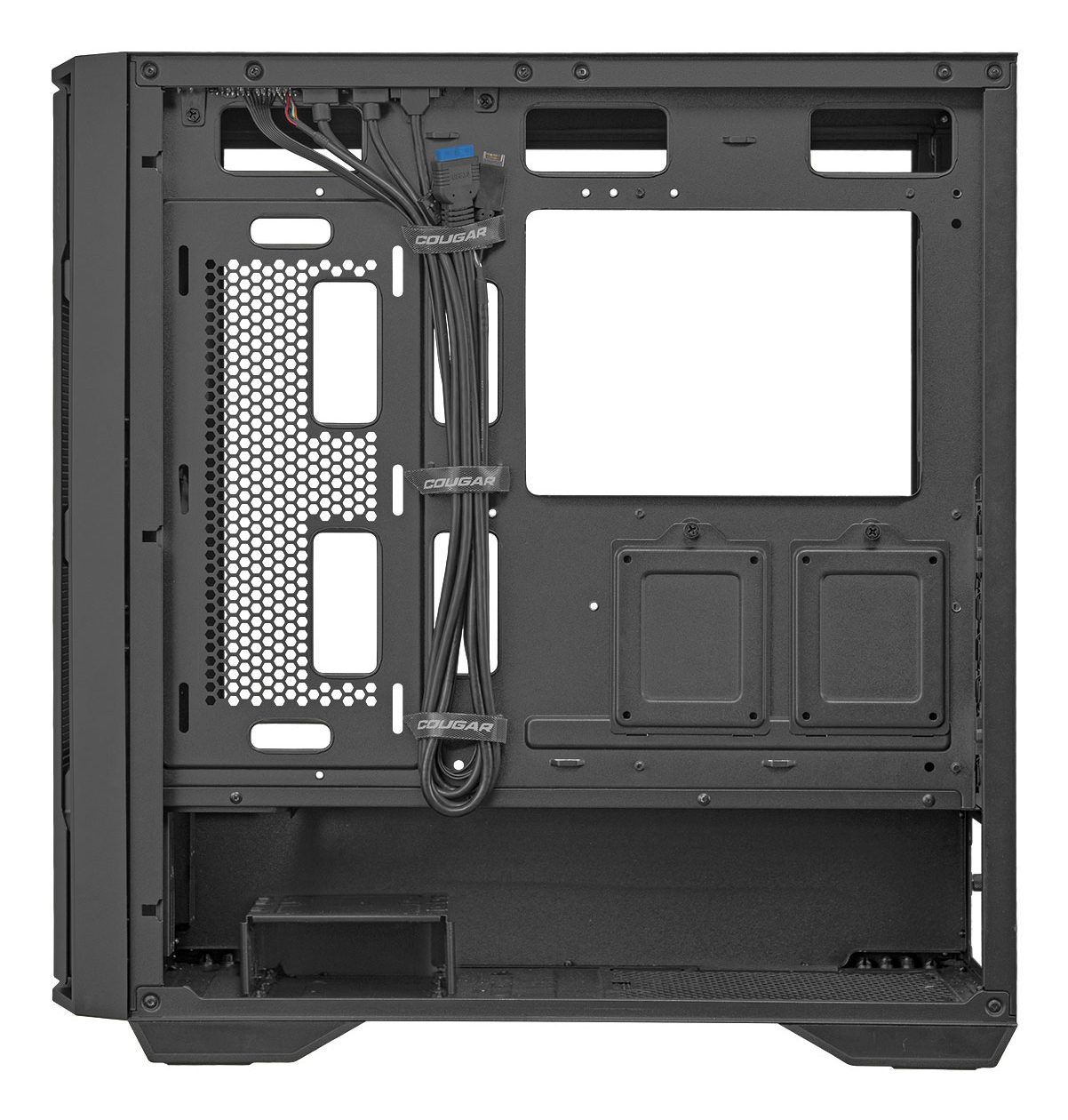 Retro di un case PC nero con cavi, ventilazione e punti di montaggio.