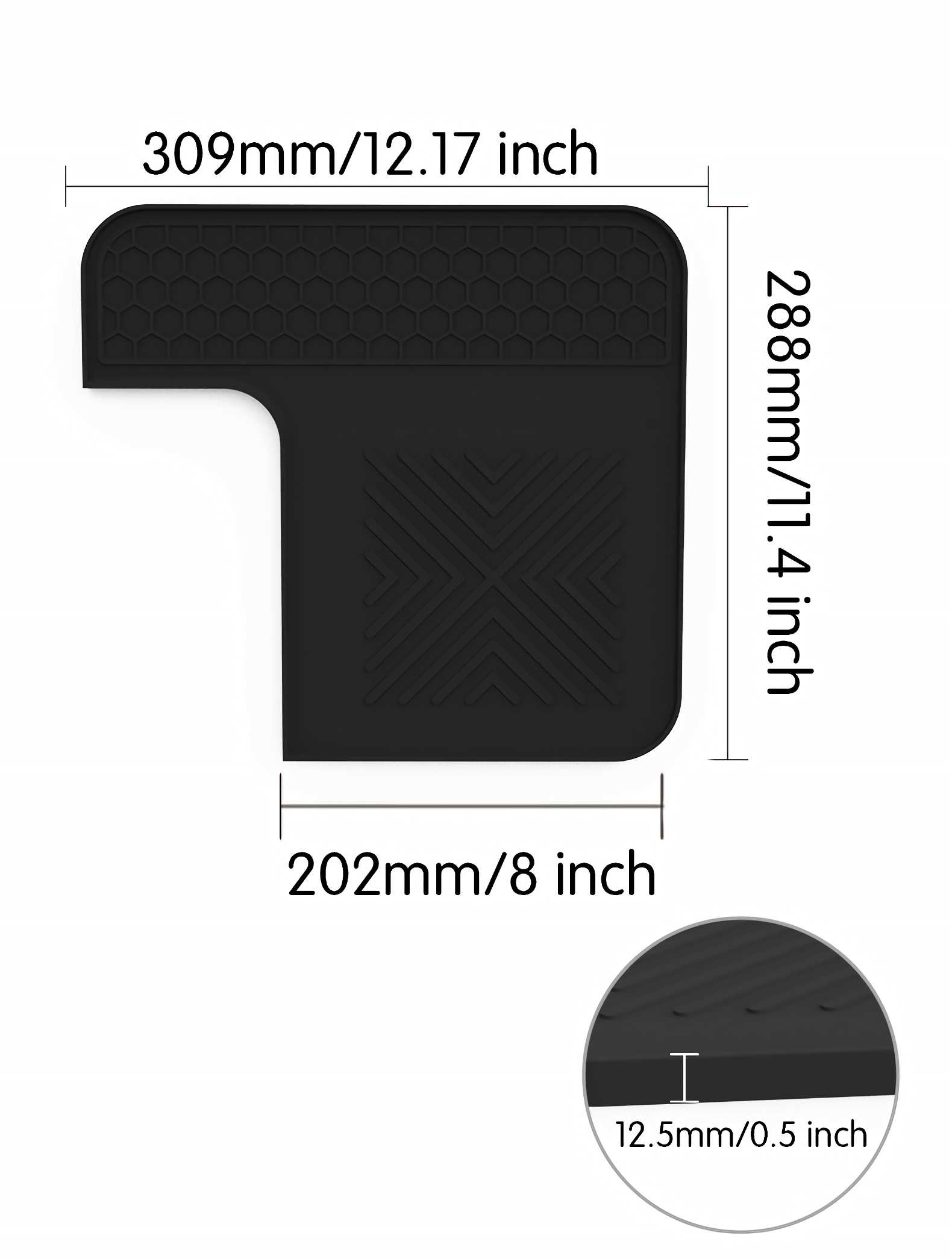 Schwarze Matte mit Maßen: 309x288mm. Dicke 12,5mm.