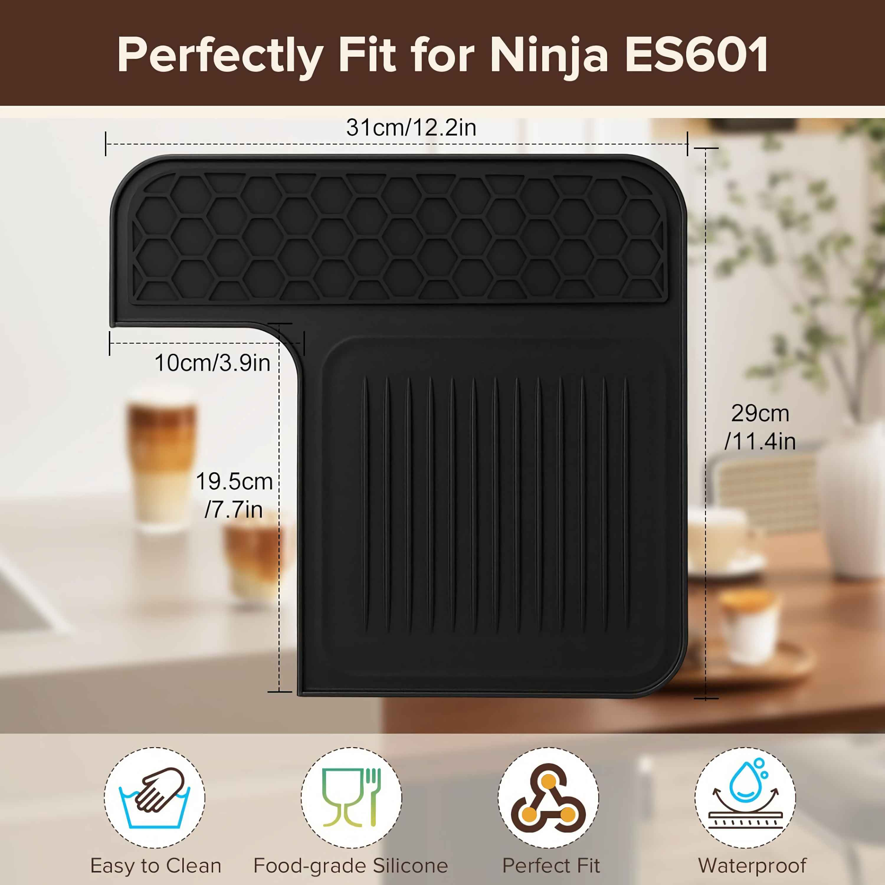 Schwarze Silikonmatte mit Maßen, passend für Ninja ES601. Icons für Reinigung, Material und Wasserdichtigkeit.