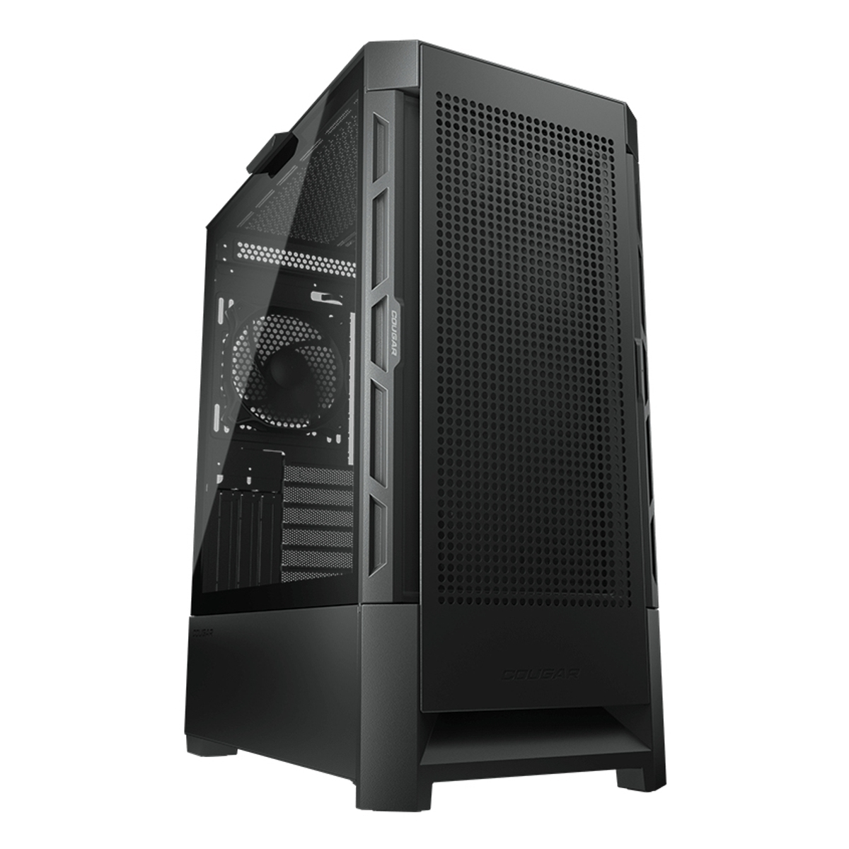 Un case per PC nero con frontale in vetro e ventola visibile.