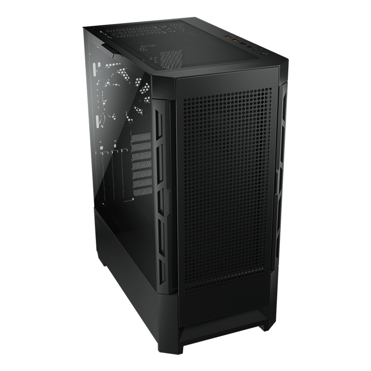 Case PC nero con pannello laterale in vetro, ventola visibile e frontale forato.
