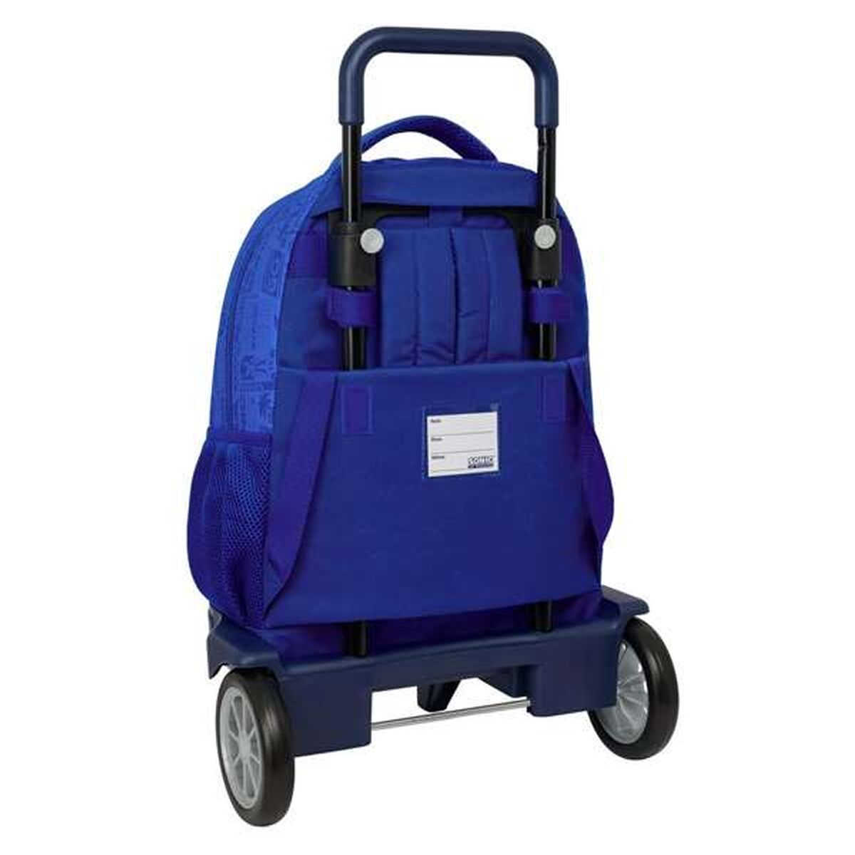 Ein blauer Rollkoffer-Rucksack mit ausziehbarem Griff und zwei Rädern.
