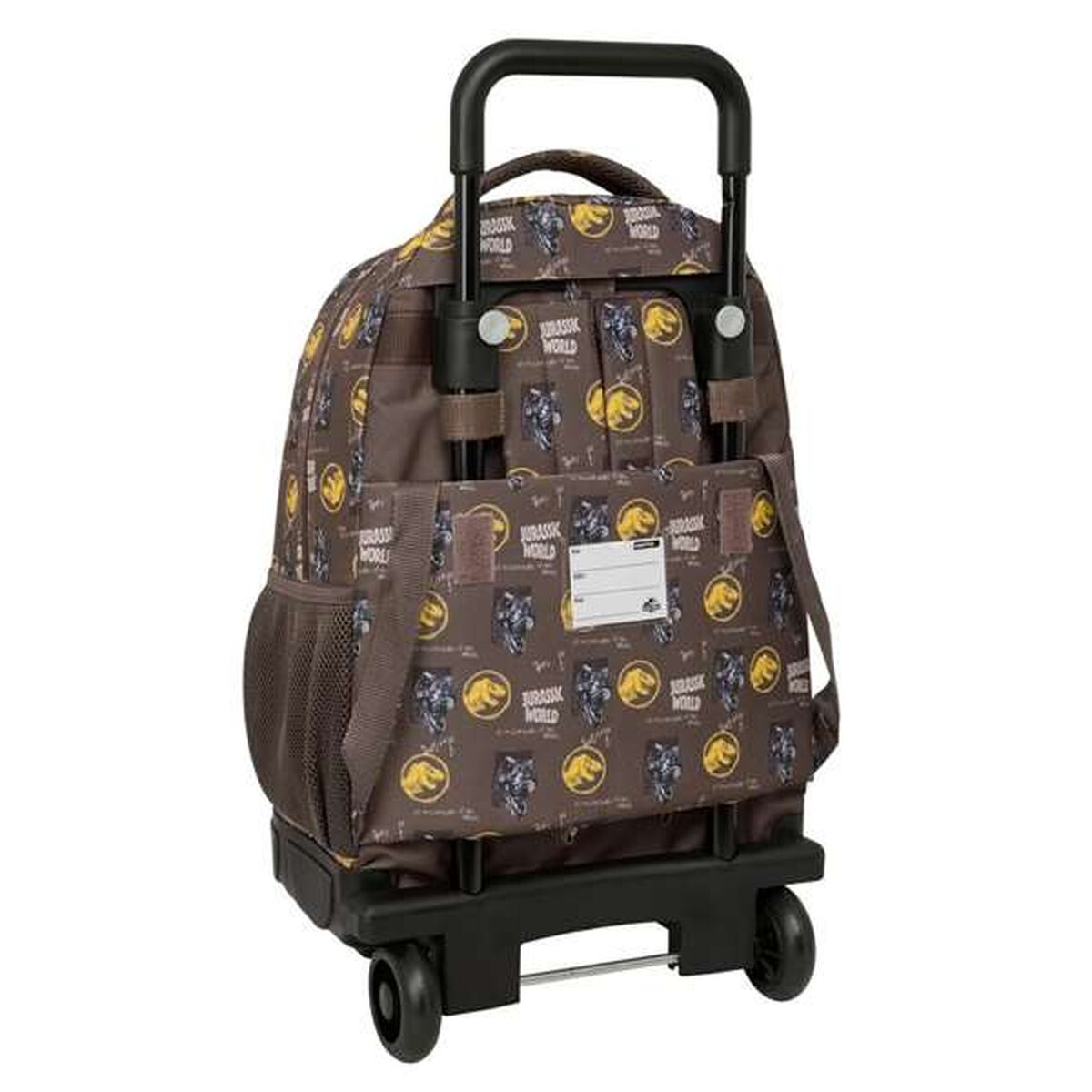 Brauner Rucksack mit Rollen und Jurassic World-Aufdruck.