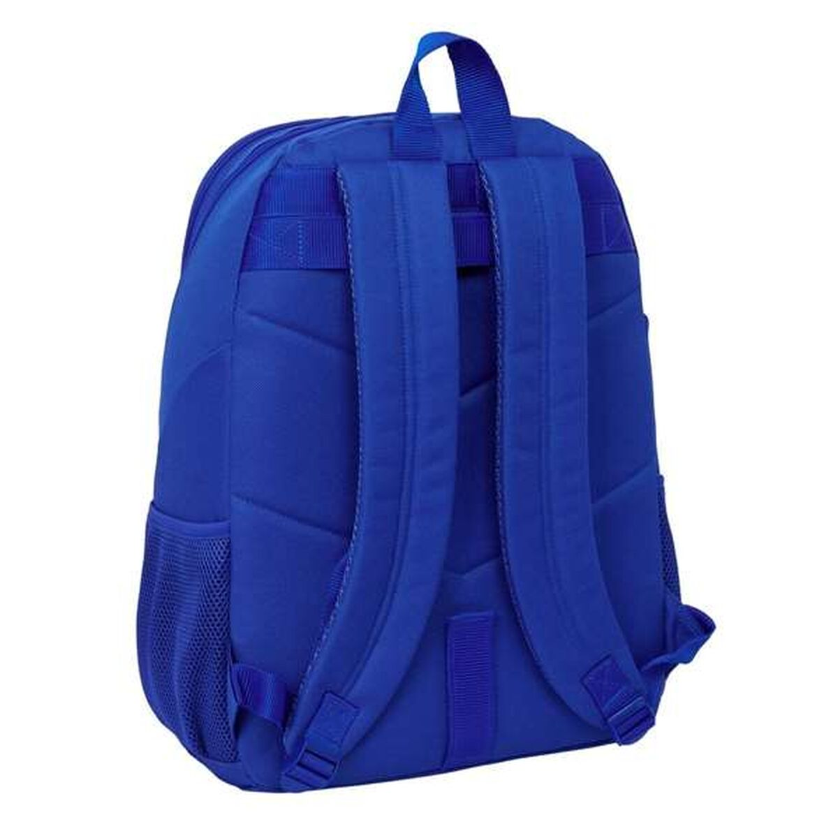 Ein blauer Rucksack mit gepolsterten Trägern und Netzseitentaschen.
